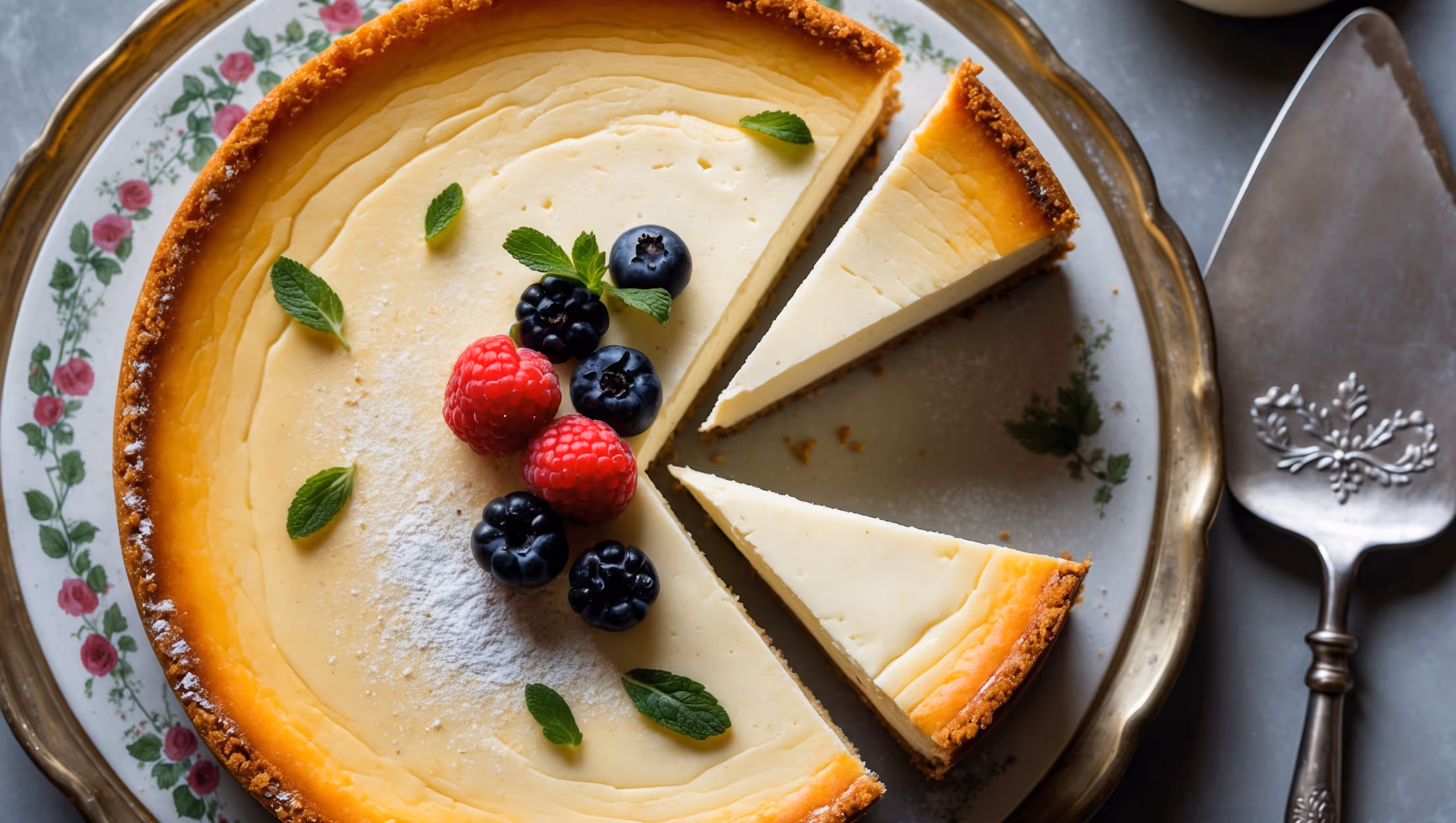 An overhead shot of a perfectly baked ricotta cheesecake with a golden surface showing delicate caramelization at the edges. Soft natural light streams across the dessert, highlighting the subtle texture of the filling that's creamier than traditional cheesecake. The buttery graham cracker crust provides a warm amber contrast against the pale ivory filling. The cheesecake sits on an antique porcelain cake stand with thin slices removed revealing the velvety interior texture. Fresh berries and a light dusting of powdered sugar decorate the surface, while small sprigs of mint add vibrant green accents. A vintage silver cake server rests nearby with a perfect slice ready to be savored.