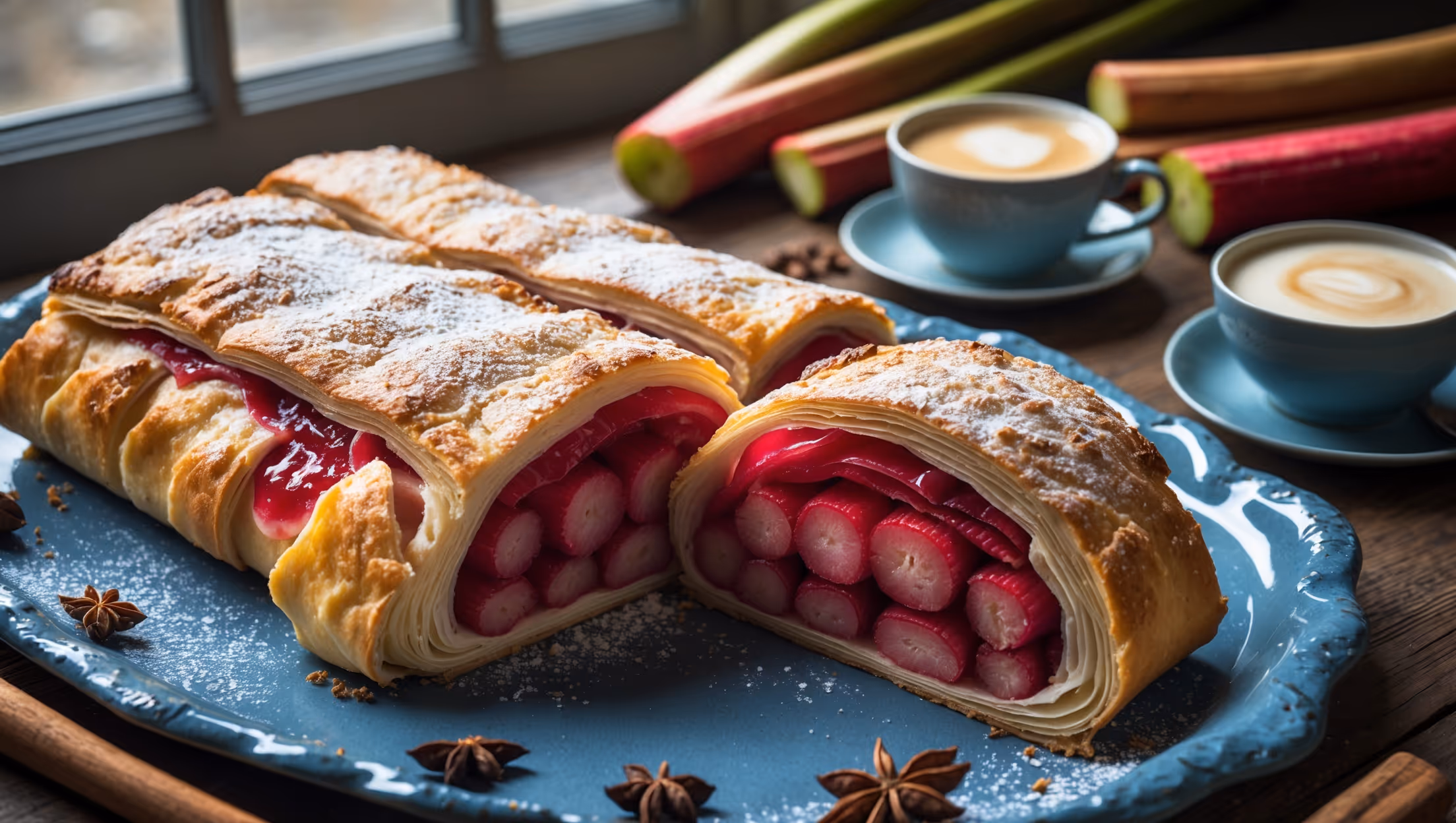 An overhead shot of a golden-brown rhubarb strudel resting on a vintage blue ceramic platter, with a slice removed to reveal the vibrant pink rhubarb filling. The pastry's flaky layers catch the soft natural light streaming through a nearby window, highlighting the delicate dusting of powdered sugar on top. In the background, fresh rhubarb stalks and a small bowl of vanilla custard sit alongside a steaming cup of coffee, while scattered cinnamon sticks and star anise hint at the warming spices within. The cross-section showcases the perfect balance between the tender, jammy rhubarb filling and the crisp, paper-thin layers of buttery pastry.