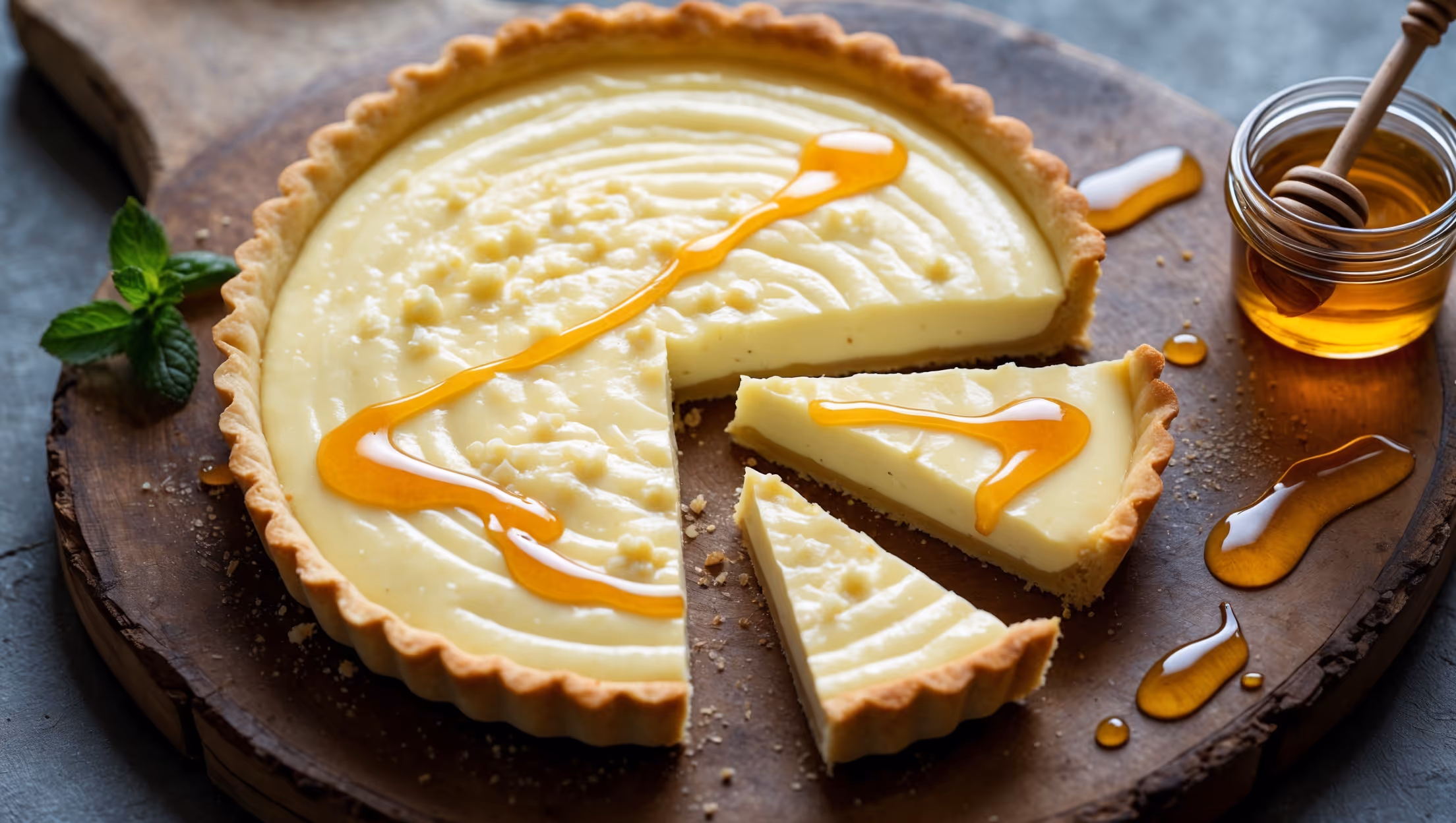An overhead shot of a perfectly golden-brown Ricotta Custard Tart resting on a rustic wooden board, with soft natural light highlighting its creamy pale yellow surface. A close-up reveals the velvety smooth custard filling with tiny characteristic speckles of ricotta, while a cross-section shows the distinct layers of buttery shortcrust pastry and luscious ricotta filling. Golden honey drizzles artfully across the top, catching the light and creating amber pools that cascade down the sides. A small jar of raw honey and a sprig of fresh mint sit alongside the tart, while a slice has been cut to reveal the perfect set of the custard – firm enough to hold its shape but yielding easily to a fork.