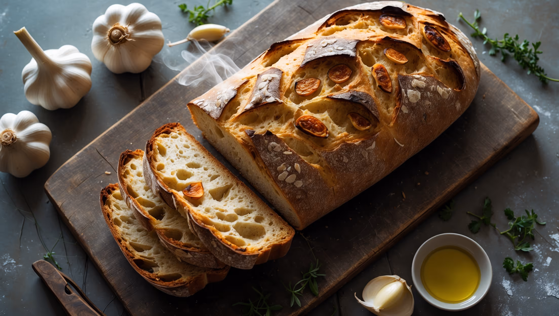 An overhead shot of a rustic loaf of roasted garlic bread with a deep golden-brown crust, sliced to reveal a pillowy interior studded with amber-colored roasted garlic cloves. Soft natural light highlights the airy crumb structure while casting gentle shadows across the bread's artisanal cracks and fissures. The loaf rests on a weathered wooden cutting board, surrounded by scattered fresh herbs, a few whole garlic bulbs, and a small dish of olive oil. A cross-section slice in the foreground reveals the melded garlic and herbs throughout the bread, with a wisp of steam suggesting it's fresh from the oven.