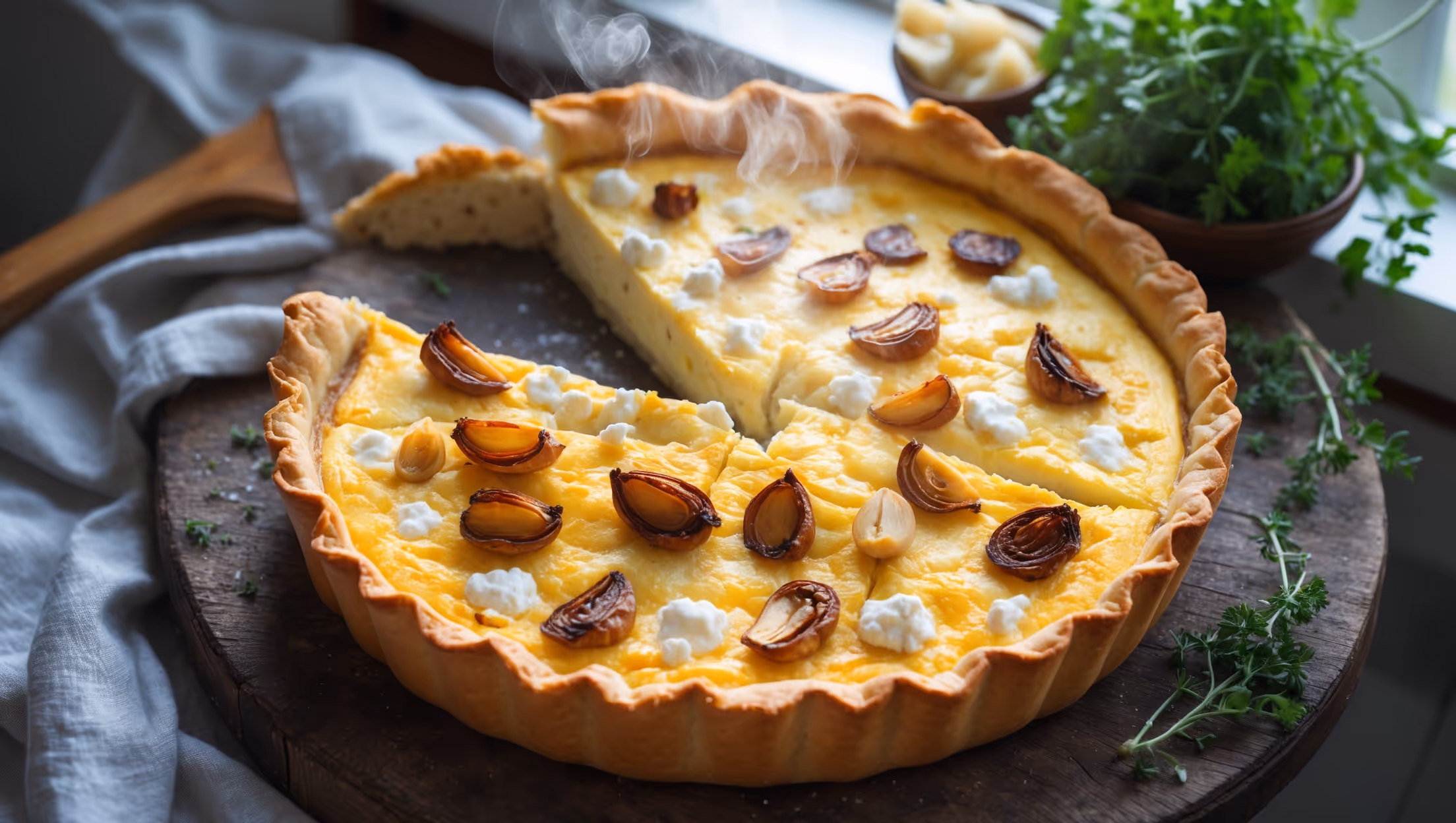 Overhead shot of a perfectly golden-brown quiche with a rustic, flaky crust edge, captured in soft natural light streaming through a kitchen window. The slice being removed reveals a creamy, pale yellow filling speckled with caramelized roasted garlic cloves and pockets of melted goat cheese. The quiche sits on a weathered wooden board alongside fresh herbs and a small bowl of extra roasted garlic. Steam rises gently from the cut section, highlighting the quiche's warm, just-baked appeal, while the contrast between the crisp pastry and silky filling creates visual texture.