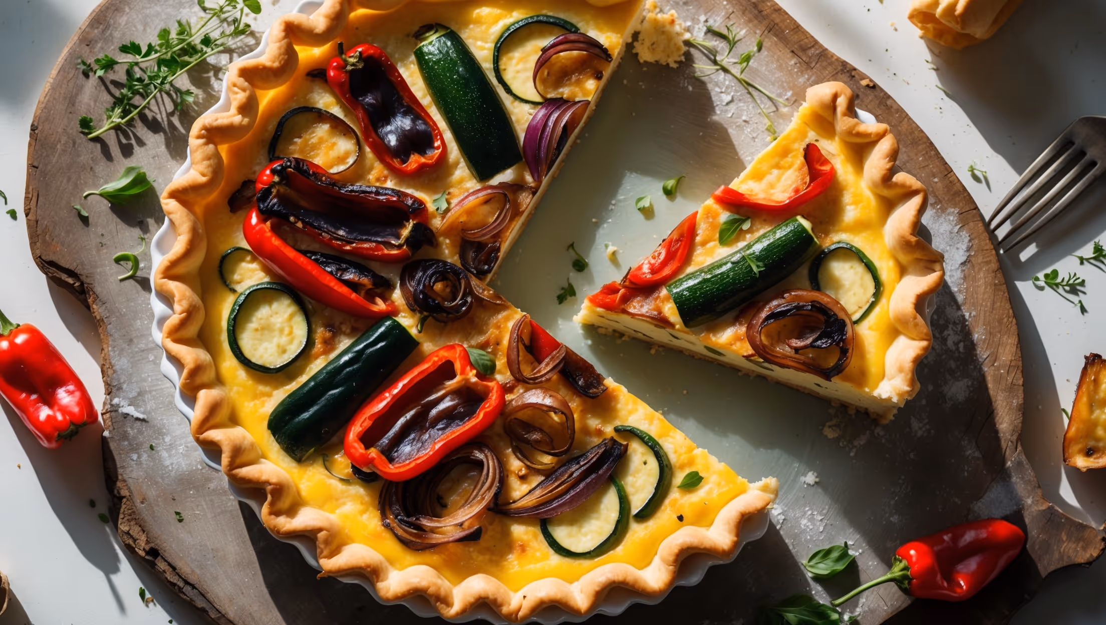 An overhead shot of the Roasted Vegetable Quiche on a distressed wooden board, with a slice being lifted to reveal colorful layers of charred red peppers, caramelized onions, and zucchini suspended in a rich, custard filling. Natural window light highlights the flaky, golden-brown pastry edge while creating gentle shadows that emphasize the texture. Scattered fresh herbs and a few roasted vegetable pieces surround the quiche, with a vintage cake fork resting nearby. The cross-section shows a perfectly set custard with vibrant vegetable pieces creating a mosaic-like pattern against the creamy background.
