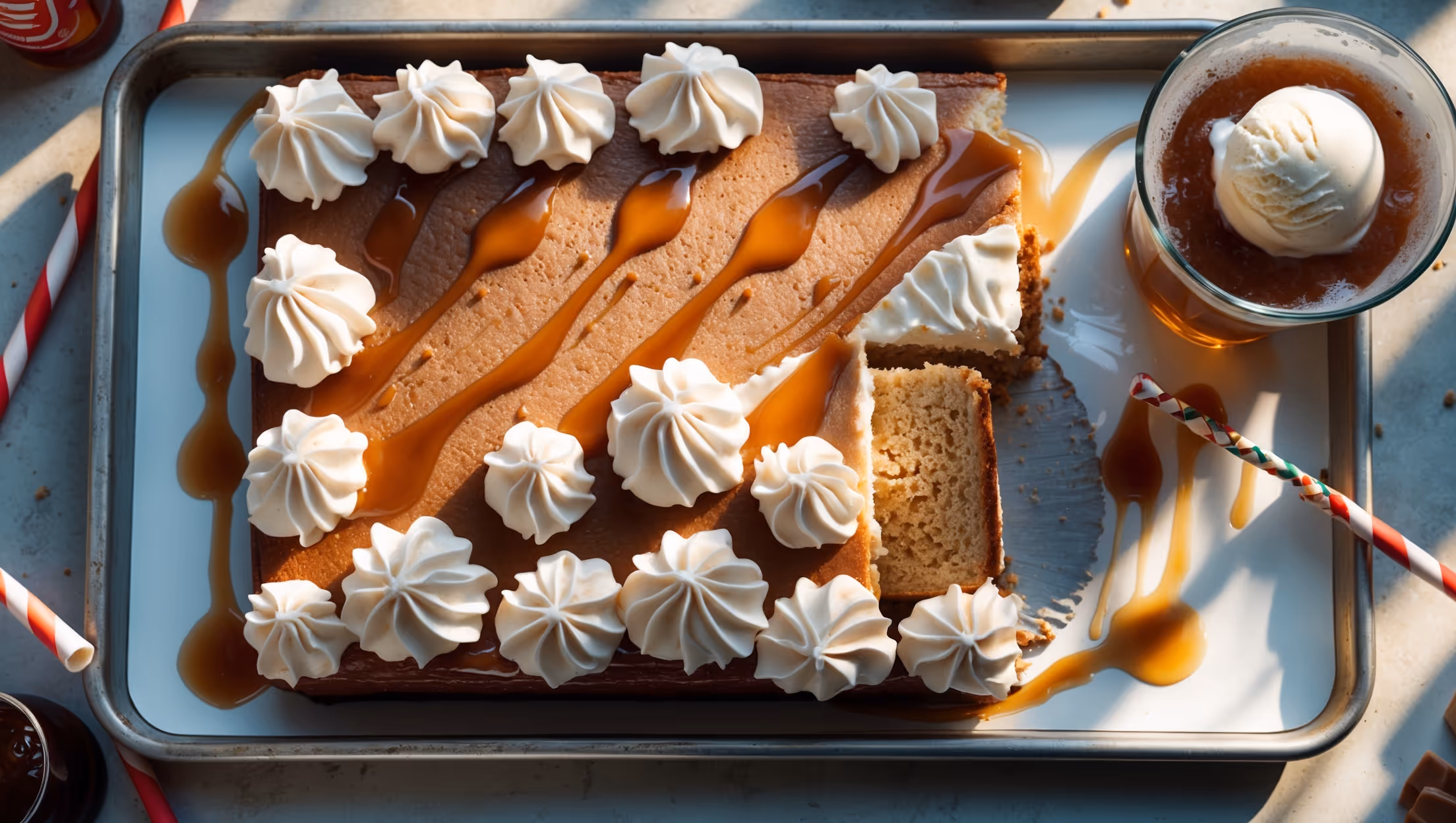 An overhead shot of a rectangular sheet pan displaying a deep caramel-colored cake topped with cloud-like vanilla frosting that's been artfully swirled. The surface features decorative drizzles of root beer reduction that create delicate patterns across the white canvas. A cross-section corner piece reveals the cake's impossibly moist, tender crumb with tiny air pockets. Staged on a vintage enamel tray with a scoop of vanilla ice cream melting alongside, the setup is illuminated by soft afternoon light streaming through kitchen windows. Scattered root beer barrel candies and vintage striped straws add nostalgic styling elements, while a frosty glass of root beer stands nearby, completing the soda fountain aesthetic.