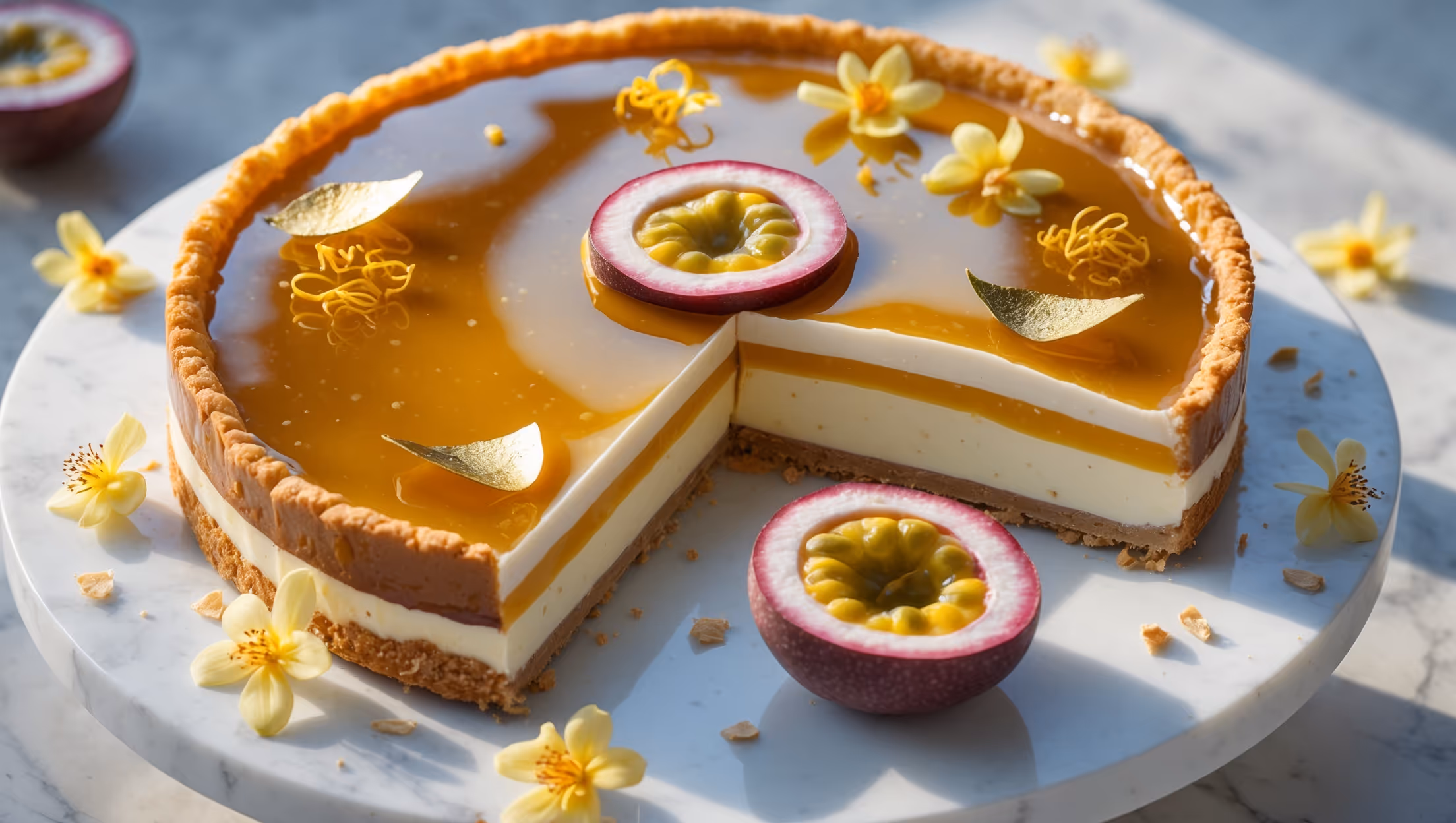 An overhead shot captures this stunning pie on a white marble cake stand, highlighting the perfect glossy mirror glaze that reflects light like a golden amber pool. A cross-section reveals distinct layers: buttery shortcrust base, creamy roasted white chocolate filling with visible specks of vanilla, and the vibrant yellow-orange passion fruit layer beneath the mirror glaze. The surface is decorated with delicate gold leaf accents and fresh passion fruit halves. Soft natural light emphasizes the contrast between the shiny glaze and the textured crust edge, while scattered white chocolate shavings and edible flowers create a frame around the composition. A slice being lifted shows the perfect clean-cut texture and the layers holding their shape beautifully.