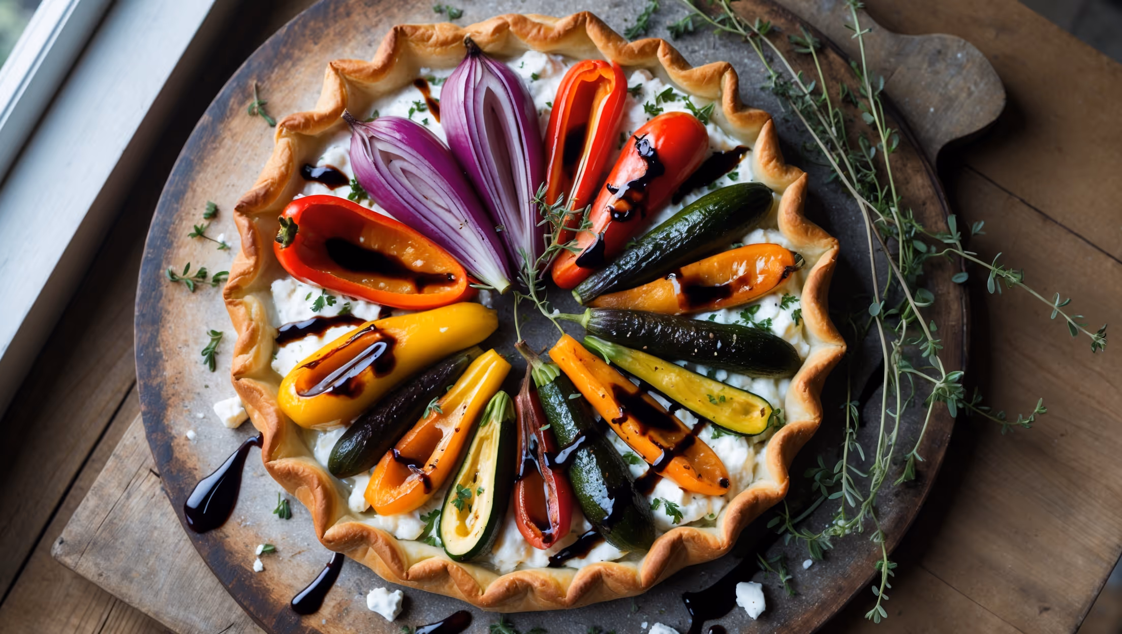 An overhead shot of the Roasted Vegetable Tart reveals a rustic circle of golden-brown pastry cradling vibrant, caramelized vegetables arranged in an artful pattern. Red bell peppers, purple red onions, yellow zucchini, and orange butternut squash create a stunning color palette against the backdrop of herb-flecked ricotta. Soft natural light streams in from a side window, highlighting the flaky edges of the pastry and the glistening vegetables with their roasted char marks. The tart sits on a weathered wooden serving board, scattered with fresh thyme sprigs and crumbled goat cheese, with a drizzle of balsamic glaze creating dramatic dark lines across the surface.