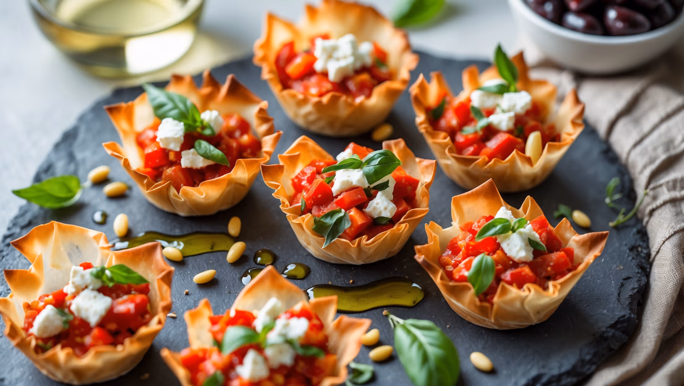 An overhead shot of golden-brown phyllo cups arranged on a rustic slate serving platter, each filled with vibrant red pepper mixture and topped with crumbled feta. The close-up reveals the delicate layers of flaky pastry catching the soft natural light, highlighting their crisp edges and the creamy filling studded with herbs. Scattered fresh basil leaves and pine nuts create visual interest against the bright red filling, while a drizzle of olive oil adds appealing glossiness. In the background, a glass of white wine and small bowl of Kalamata olives complement the Mediterranean theme, with the entire arrangement set against a textured linen napkin.