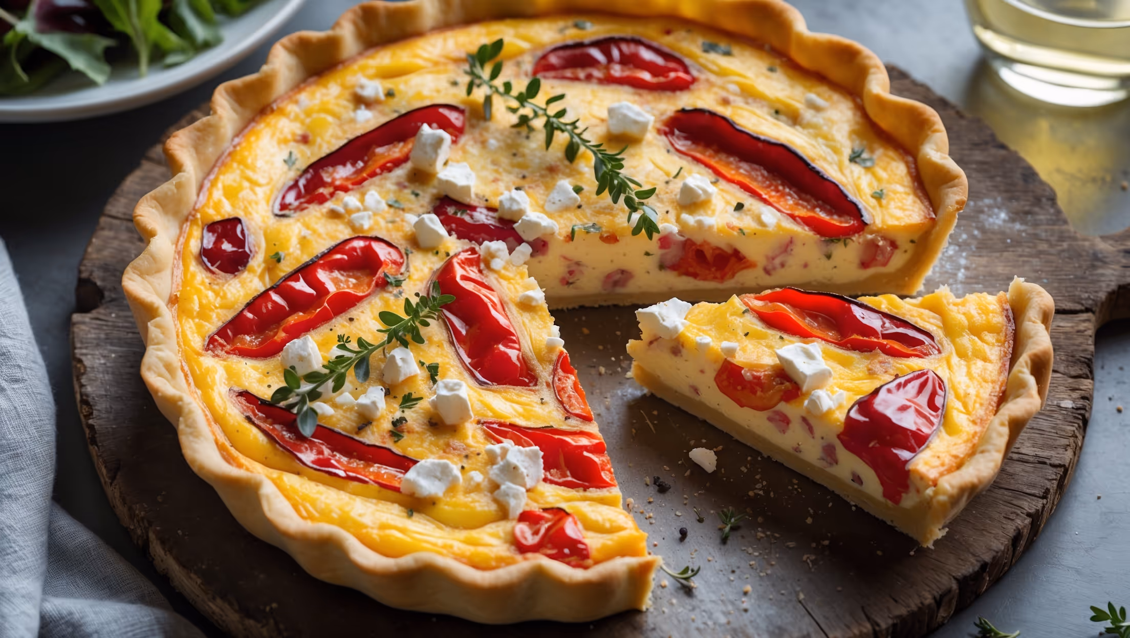 An overhead shot showcases the rustic Roasted Red Pepper and Feta Quiche with its golden-brown crust and vibrant filling. Natural window light highlights the marbled effect of creamy custard interspersed with ruby-red peppers and crumbled white feta. A slice has been removed, revealing the perfectly set interior with its tender custard and colorful vegetables. The quiche sits on a weathered wooden board, garnished with fresh thyme sprigs and a scatter of black pepper. In the background, a simple green salad and glass of white wine suggest an elegant lunch setting.