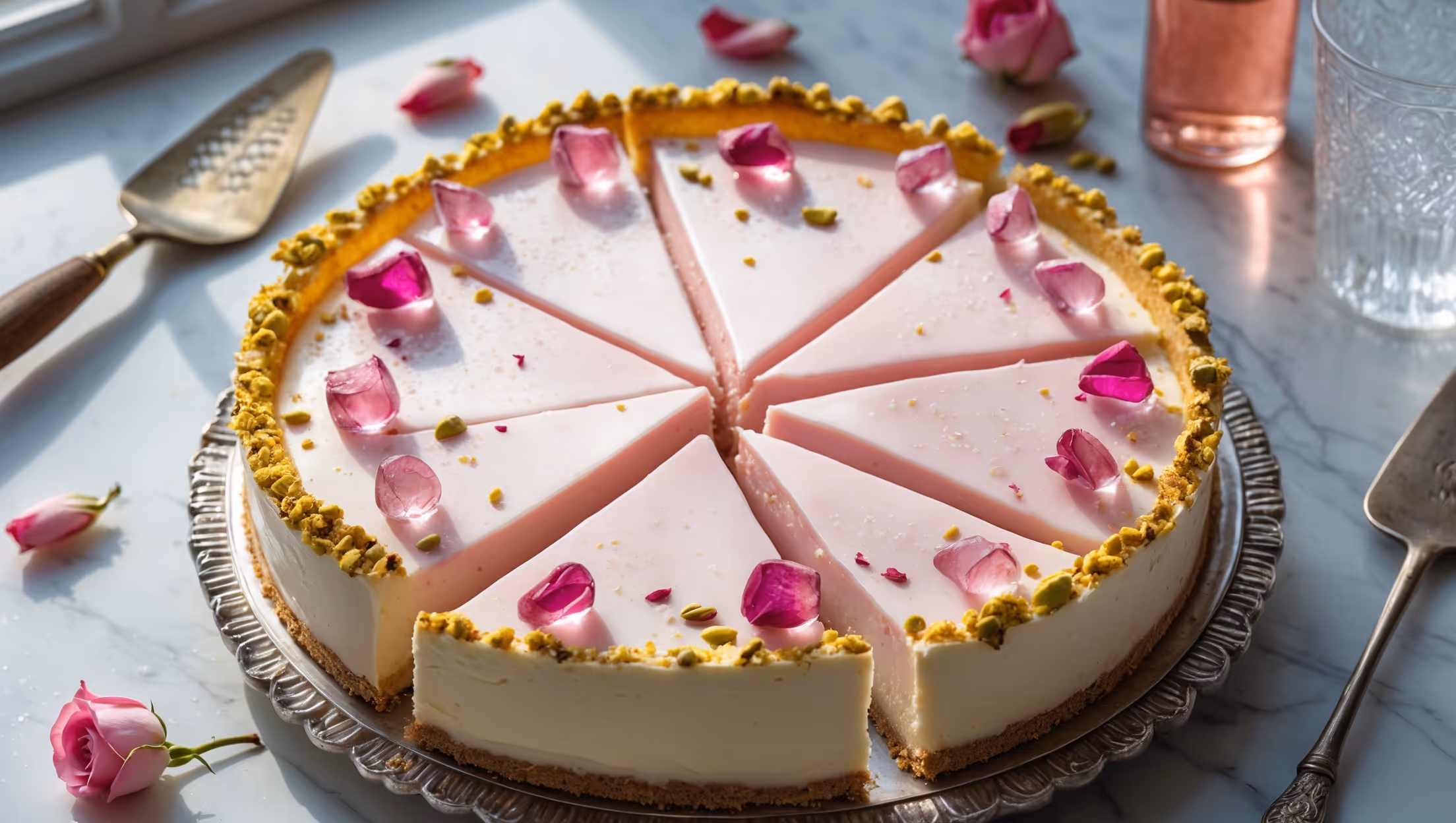 Overhead shot of a perfectly sliced rose water cream pie revealing its pale pink silky filling against a golden buttery crust. Natural window light illuminates the dessert, highlighting the glossy surface adorned with crystallized rose petals and a light dusting of pistachios. The pie rests on an antique silver cake stand with a vintage serving spatula nearby, while scattered fresh rose petals and a small bottle of rose water create context in the soft-focus background. Condensation on a crystal water glass suggests coolness, emphasizing the refreshing nature of this delicate dessert.