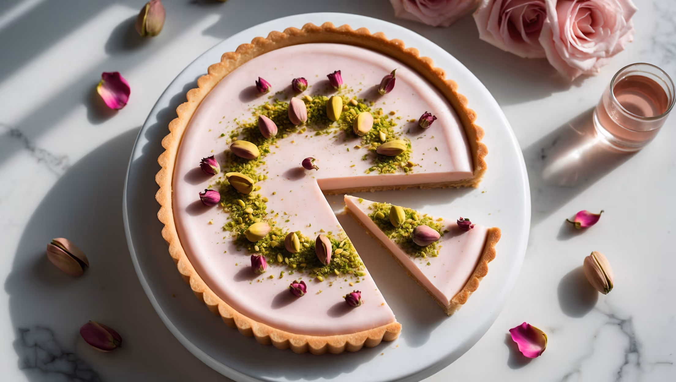 An overhead shot of the elegant tart showcases its pale pink rose-infused custard filling adorned with a scattering of vibrant green crushed pistachios and delicate dried rose petals. A slice has been removed, revealing the perfect contrast between the crisp golden shortcrust pastry and the silky smooth custard filling. The tart sits on a white ceramic pedestal stand against a light marble surface, with a small glass bottle of rose water, whole pistachios, and fresh rose petals artfully arranged nearby. Soft natural light streams in from the side, highlighting the glistening surface of the custard and creating gentle shadows that emphasize the tart's delicate textures.