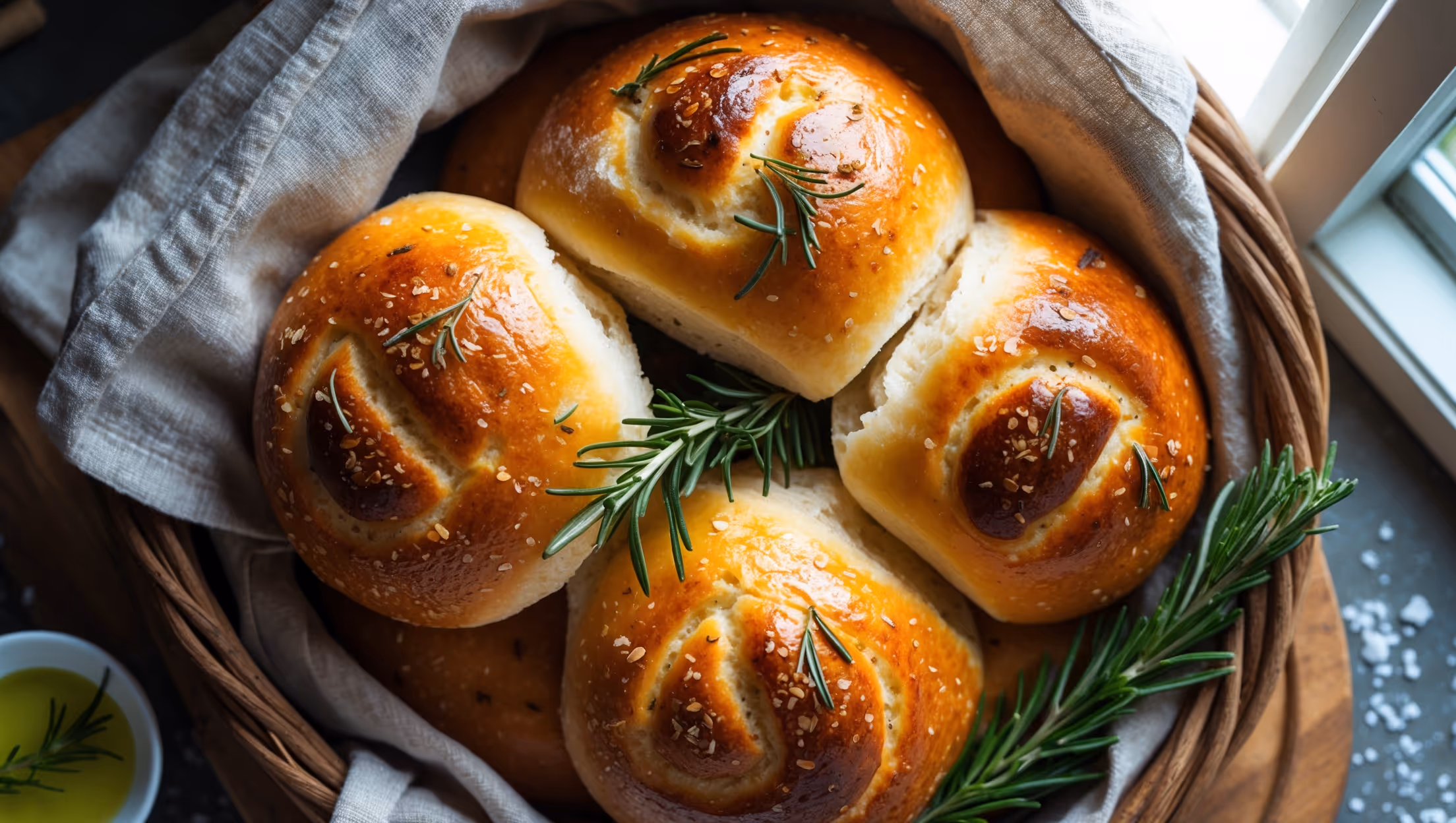 An overhead shot of golden-brown rosemary olive oil rolls arranged in a rustic bread basket lined with a linen towel. The rolls have a slightly crackled crust with visible flecks of fresh rosemary embedded in their tops, glistening under soft natural light streaming through a nearby window. A cross-section view reveals their tender, airy crumb structure with tiny air pockets throughout. In the foreground, a small bowl of extra virgin olive oil with a sprig of fresh rosemary creates a beautiful color contrast, while scattered sea salt flakes and a few sprigs of fresh herbs add textural interest to the wooden serving board beneath.