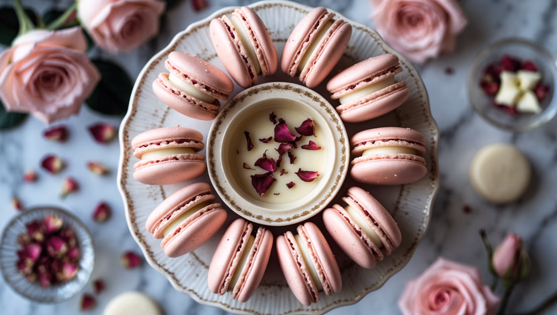 An overhead shot of perfectly formed rose water macarons arranged in a circular pattern on a vintage porcelain cake stand. The pale pink shells display smooth domes and ruffled feet, some sprinkled with crushed dried rose petals for contrast. A cross-section view reveals the delicate interior structure and creamy white chocolate filling. Soft natural light highlights the macaron's subtle sheen, while blurred fresh roses and scattered rose petals create a romantic backdrop. A small crystal bowl of rose water and white chocolate curls appear in the corner, emphasizing the key flavor components. The composition exudes feminine elegance against a marble surface that complements the pastel pink coloring.
