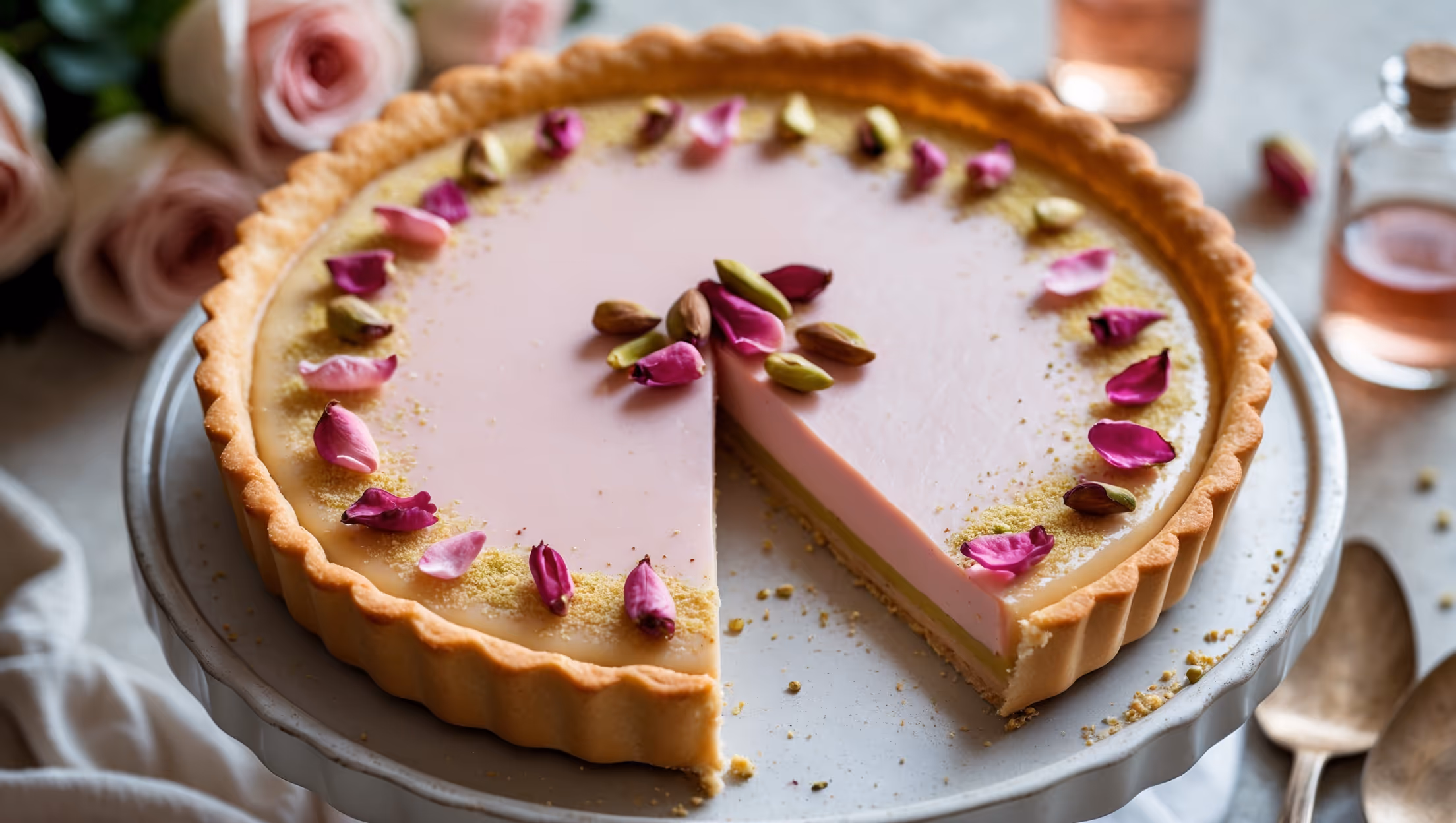 An overhead shot of a perfectly baked tart with a golden-brown pastry edge contrasting against the pale pink custard filling. Soft natural light highlights the smooth, glossy surface decorated with crystallized rose petals and a light dusting of pistachios. A cross-section view reveals the crisp pastry shell and luscious custard layer. The tart rests on a vintage white cake stand against a neutral linen backdrop, with a small glass bottle of rose water and fresh roses slightly blurred in the background, emphasizing the floral essence of the dessert.