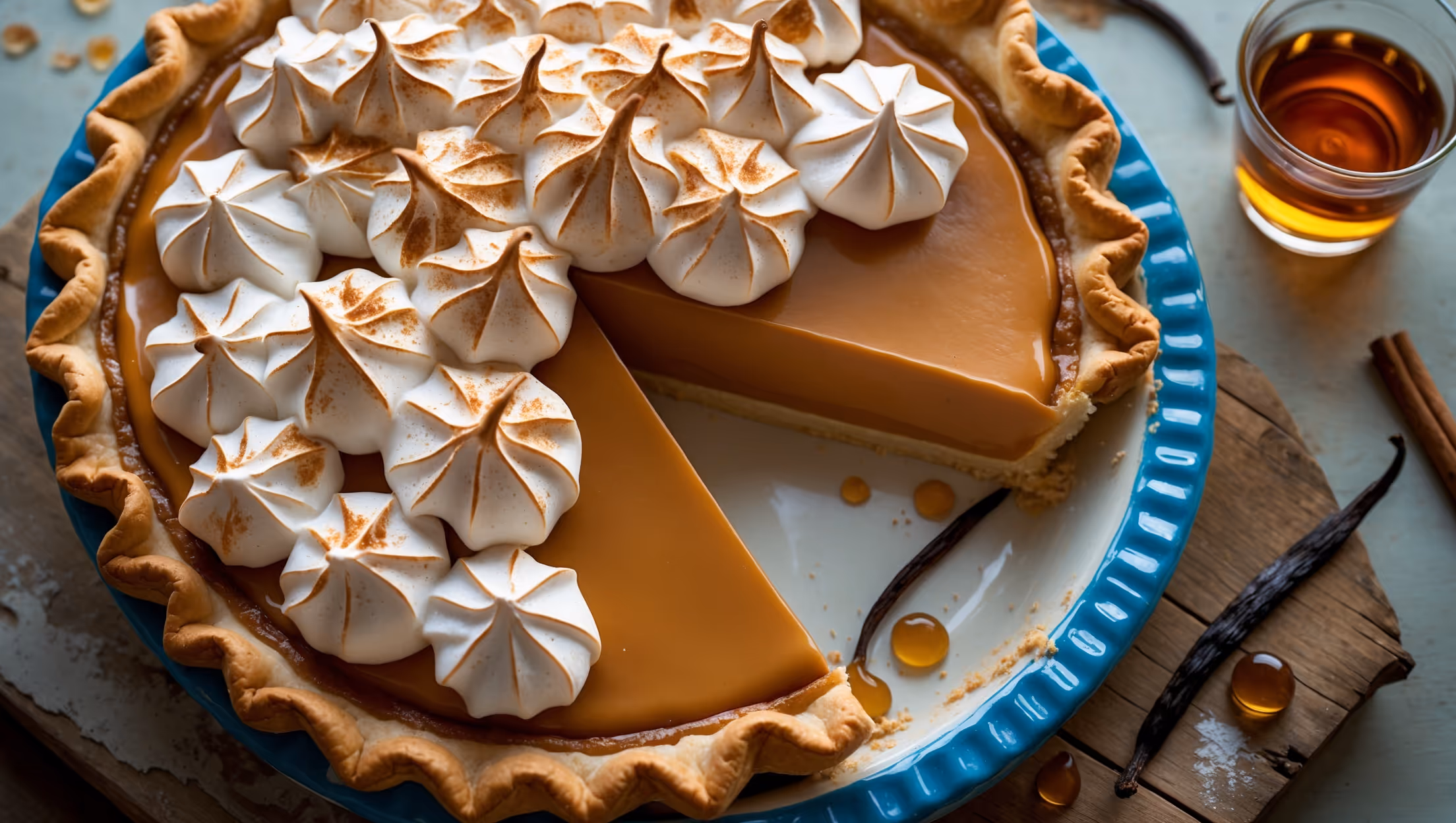 An overhead shot of the pie showcases its three distinct layers: a golden-brown flaky crust, rich amber butterscotch filling, and peaks of caramelized meringue with burnished tips. A cross-section reveals the silky smooth butterscotch custard infused with barrel-aged rum against the crisp pastry base. Soft natural light catches the crystallized sugar surface of the bruléed meringue, highlighting its crackling texture. The pie is presented on a vintage ceramic plate with a blue rim, positioned on a weathered wooden board with scattered vanilla beans, cinnamon sticks, and drops of aged rum. A small glass of rum sits nearby, echoing the warm amber tones of the filling.
