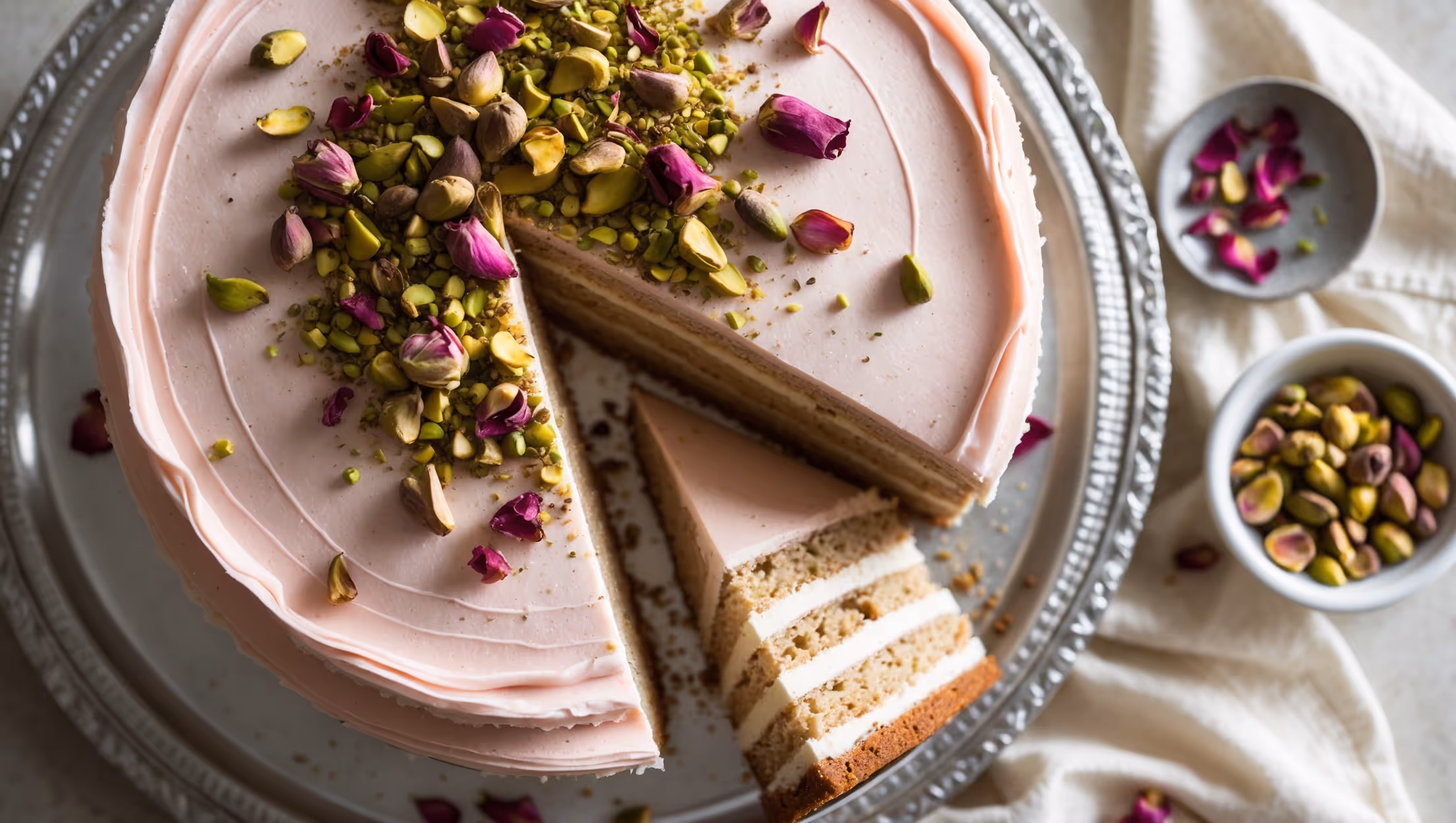 Overhead shot of a three-layer cake with pale pink rosewater buttercream visible between each tier, topped with a crown of roughly chopped vibrant green pistachios and scattered dried rose petals. A cross-section reveals the delicate crumb of the sponge layers and the perfect distribution of buttercream. Soft natural light highlights the subtle pink hue of the frosting against the golden-brown cake layers and creates shadows that emphasize the texture of the crushed pistachios. The cake sits on an ornate silver cake stand against a cream linen background, with a small bowl of chopped pistachios and a tiny bottle of rosewater strategically placed beside it.