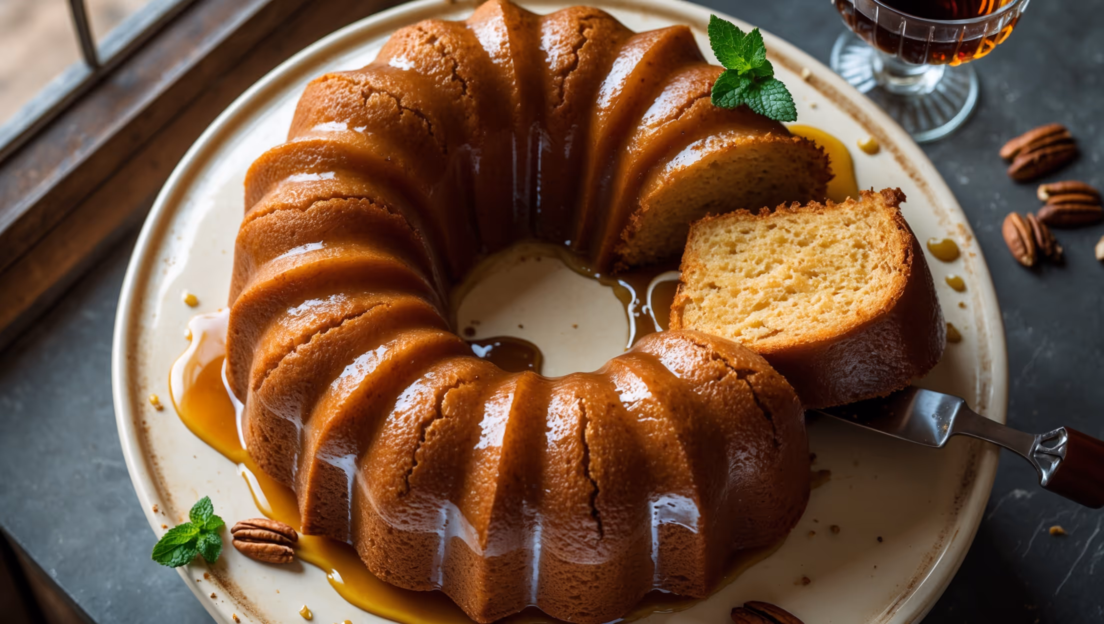 An overhead shot captures a golden bundt rum cake on a vintage cake stand, its glossy rum glaze cascading down the intricate ridges and pooling around the base. Natural window light highlights the cake's moist, tender crumb visible from a slice that's been removed, revealing the cake's rich amber interior. Small sprigs of mint and scattered toasted pecans accent the presentation, while a crystal glass of dark rum sits nearby, reinforcing the cake's signature flavor. The warm tones of the caramelized exterior contrast beautifully with the cream-colored ceramic plate beneath, with fine beads of glaze glistening under the soft lighting.