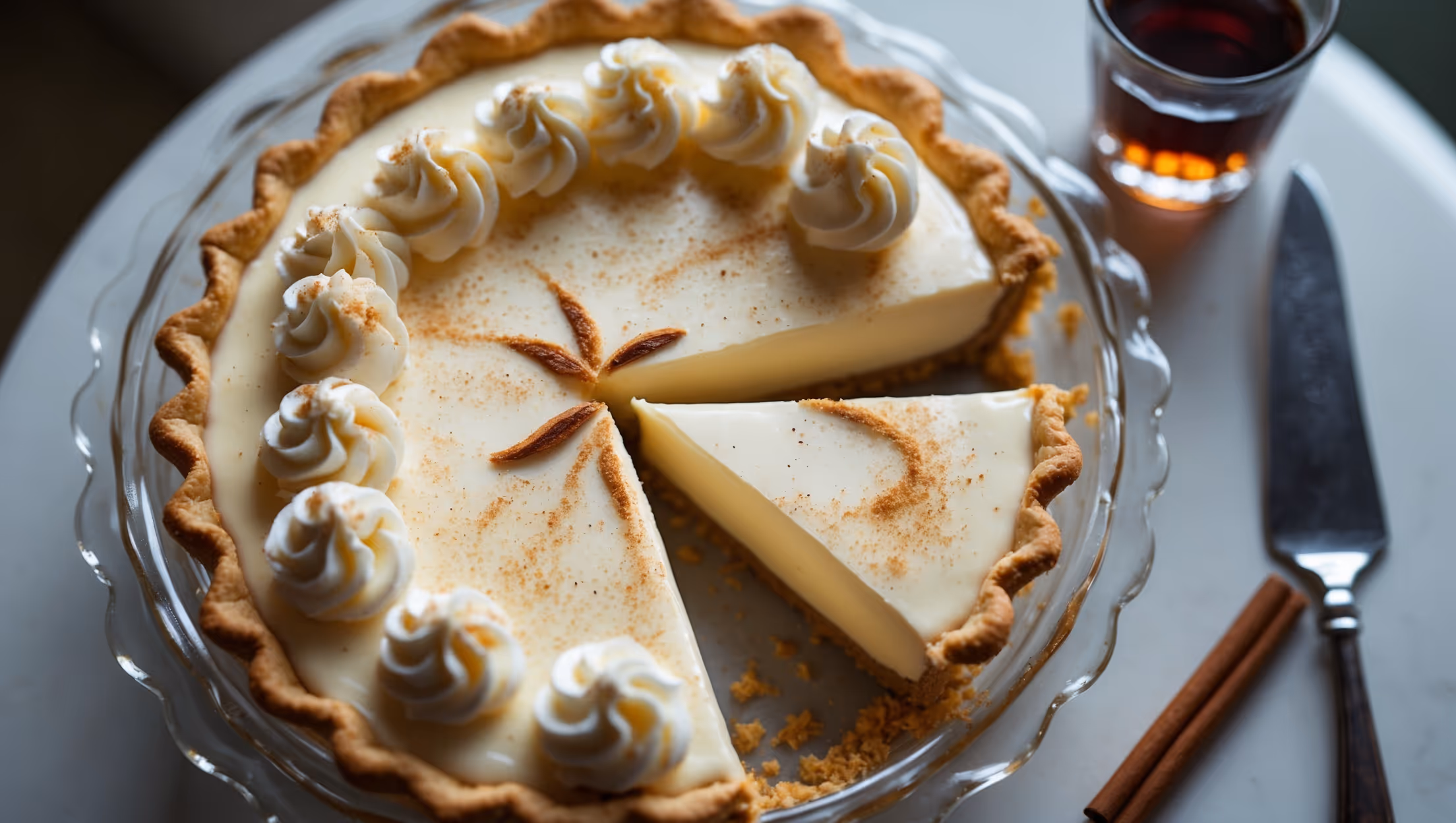 An overhead shot captures a Rum Cream Pie with one slice removed, revealing the silky custard interior against the golden crust. The cream topping swirls decoratively with a light dusting of freshly grated nutmeg creating amber speckles. Soft natural light streams from the side, highlighting the contrast between the pale cream filling and the caramelized crust edges. The pie rests on a vintage milk-glass cake stand with a silver serving knife nearby, while a small glass of dark rum and a cinnamon stick sit artfully blurred in the background, suggesting the warm flavor profile.