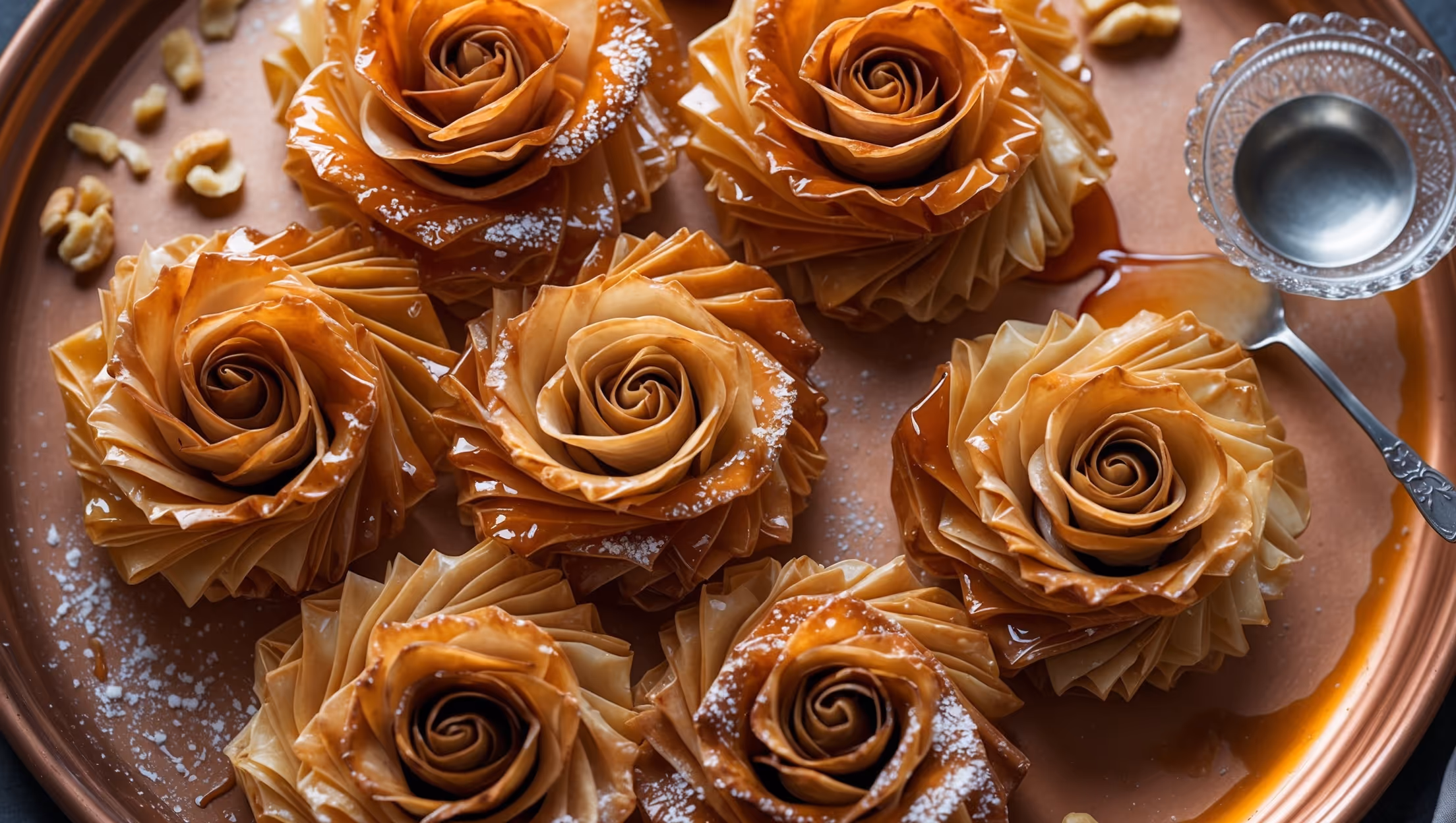 Overhead shot of golden-brown phyllo roses arranged in a spiral pattern on an antique copper serving tray, with intricate layers visible in each rose-shaped pastry. Soft natural light illuminates the glistening syrup coating each delicate phyllo petal, highlighting their crisp, flaky texture. Close-up details show the caramelized edges and nutty walnut filling peeking through the layers. Scattered walnut pieces and a light dusting of powdered sugar add visual contrast against the warm amber syrup pooling at the base of each rose. A small crystal bowl of additional syrup sits nearby, with a vintage silver spoon ready for drizzling.