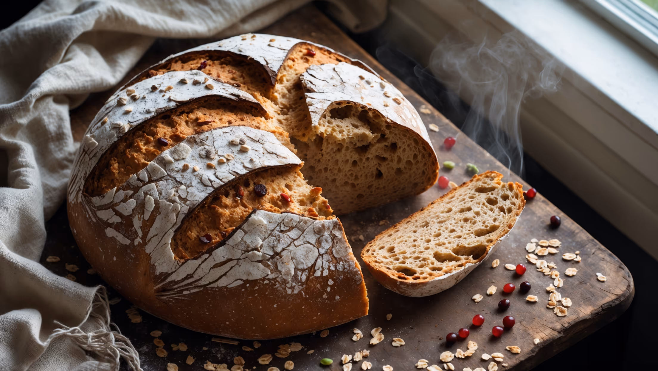 An overhead shot of a round loaf with a deep amber crust, dramatic flour dusting, and visible grain pieces, captured in soft morning light streaming through a kitchen window. A cross-section reveals a moist, open crumb structure with specs of colorful ancient grains throughout. The bread rests on a well-worn wooden board with scattered spelt berries, amaranth seeds, and oat flakes surrounding it. A linen cloth partially drapes the corner, adding rustic charm, while steam visibly rises from a freshly cut slice, highlighting the bread's warmth and freshness against the weathered cutting board.