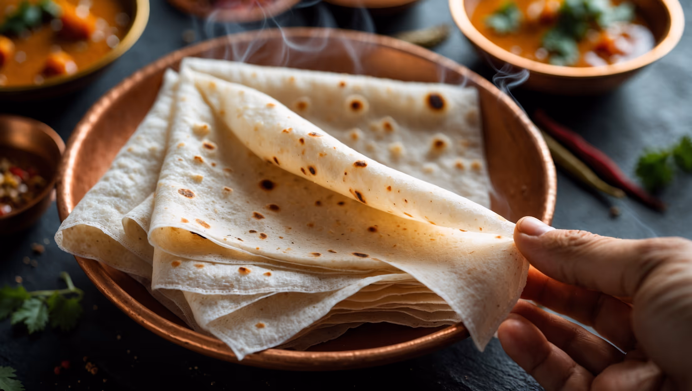Overhead shot of gossamer-thin Rumali Rotis folded into perfect handkerchief squares, stacked slightly offset on a rustic clay plate. The flatbreads display subtle charred spots against their translucent wheat canvas, with wisps of steam still rising. Shot in warm natural light that highlights their silky, pliable texture. Behind the focal point, blurred elements of Indian dining appear—colorful curries in copper bowls, scattered whole spices, and fresh coriander leaves. A hand gently pulls one roti from the stack, demonstrating its remarkable thinness as light passes through its stretched fabric-like surface.