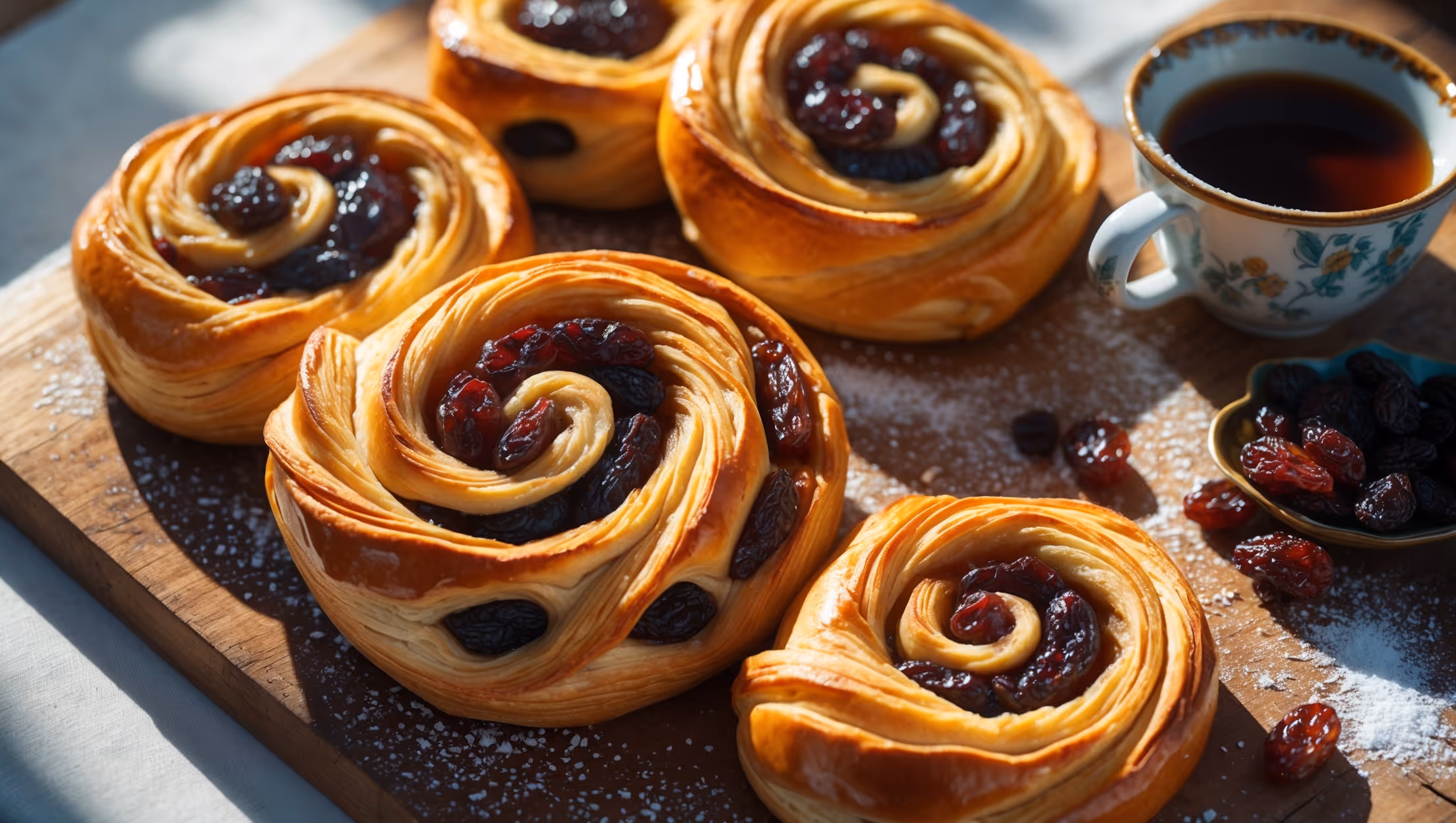 An overhead shot of spiral-shaped Rum Raisin Danish pastries arranged on a rustic wooden board, capturing their golden-brown, flaky layers. A cross-section view reveals the swirls of rum-soaked raisins nestled within the buttery pastry and pockets of creamy vanilla custard. Morning light streams across the scene, highlighting the glossy rum glaze that drips temptingly down the sides. A small bowl of additional rum-soaked raisins and a vintage ceramic cup of coffee sit alongside, while a light dusting of powdered sugar creates beautiful contrast against the rich amber tones of the pastries. The visible layers show the perfect lamination achieved through the folding technique.