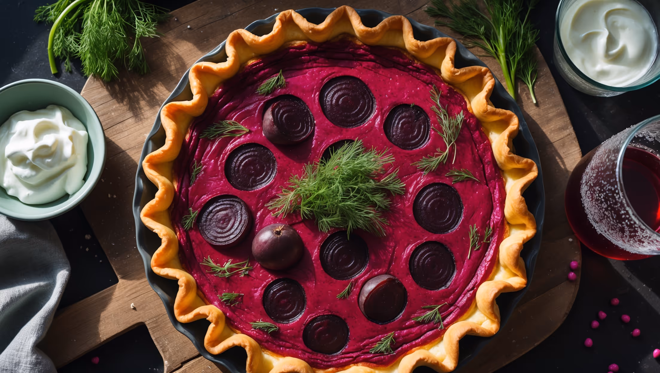An overhead shot of the deep crimson-colored Russian quiche, its golden shortcrust pastry forming a rustic, fluted edge around the jewel-toned beet filling. A cross-section reveals layers of roasted beets nestled in a creamy custard flecked with bright green dill. Captured in soft natural light streaming through a kitchen window, the quiche rests on a weathered wooden board alongside a small bowl of sour cream, a sprig of fresh dill, and scattered pink peppercorns. Condensation beads on a nearby glass of kvass, completing this Eastern European tableau with its rich, earthy color palette.