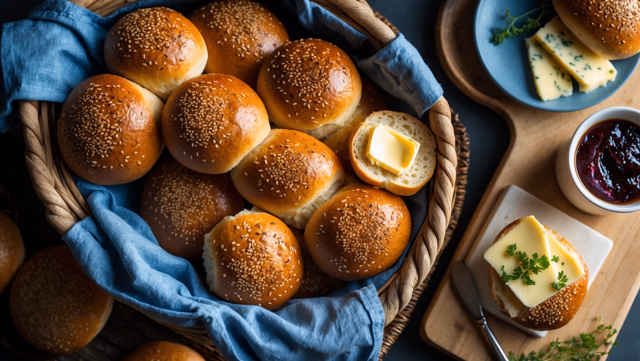 An overhead shot of golden-brown Rundstykker arranged in a rustic woven bread basket lined with a blue linen cloth, some split open to reveal their soft, airy centers. A wooden cutting board nearby displays one roll slathered with butter and another topped with sliced cheese and fresh herbs. The warm morning light streams across the scene, highlighting the poppy and sesame seeds scattered across the textured, crisp tops of the rolls. A cup of steaming coffee and a small pot of lingonberry jam sit alongside, completing this quintessential Danish breakfast spread.