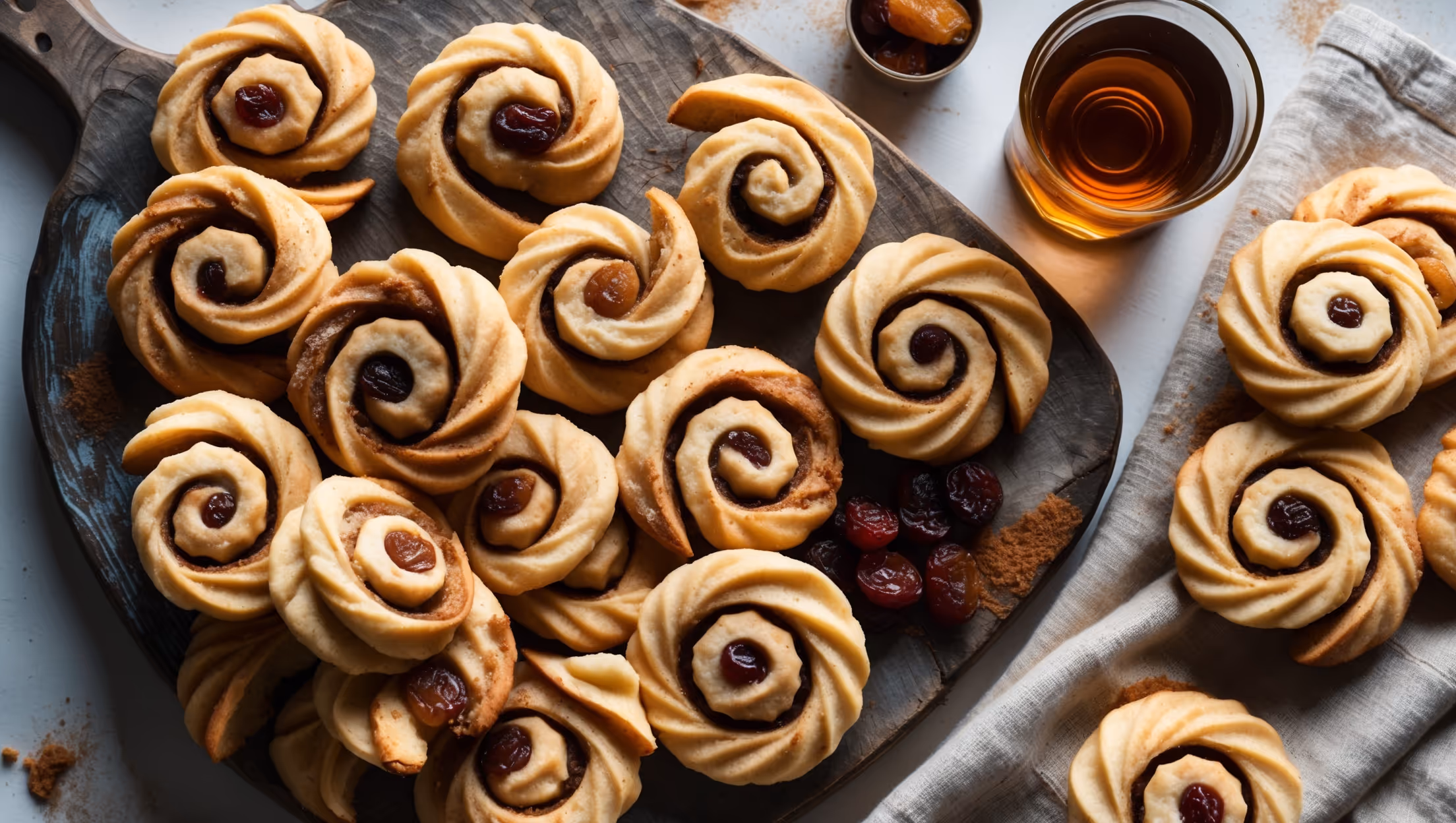 An overhead shot of golden-brown pinwheel cookies arranged in a spiral pattern on a weathered wooden board, with some cookies stacked to showcase their distinctive swirls. Soft natural light catches on their caramelized edges and sugar crystals, creating a warm glow. A scattering of plump rum-soaked raisins and a small glass of amber rum sit alongside, hinting at the rich flavors within. A cross-section view of one cookie reveals the perfect spiral pattern of rum-raisin filling against buttery dough, while a dusting of cinnamon adds warm color contrast against the neutral linen napkin beneath.