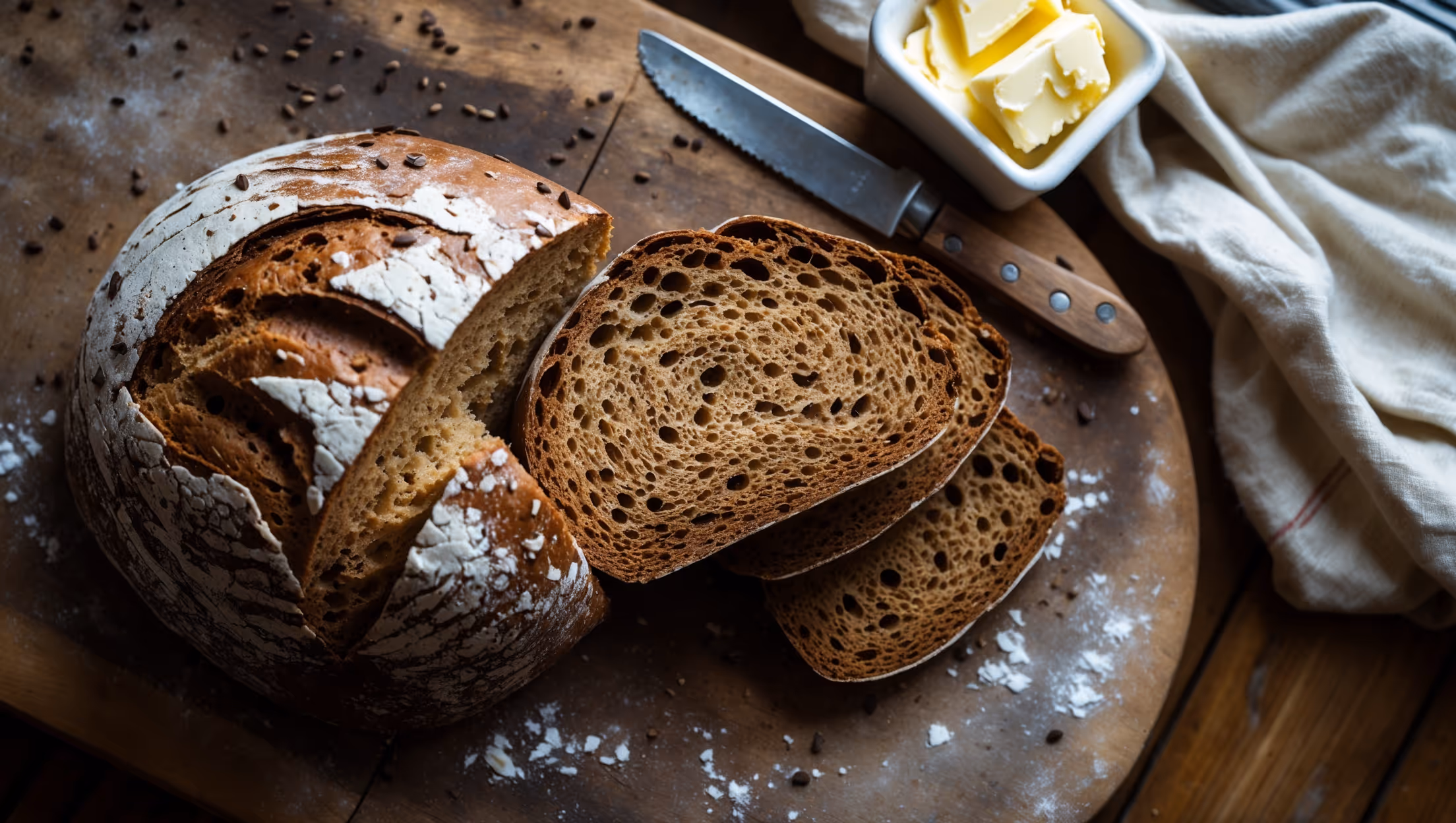 A rustic overhead shot of a freshly sliced rye bread loaf on a worn wooden cutting board, revealing its dense, moist interior studded with small air pockets. The contrast between the dark chocolate-brown crust and the caramel-colored crumb is captured in soft natural light streaming through a kitchen window. A light dusting of flour remains on the deeply scored top, while a few caraway seeds are visible embedded throughout the loaf. Beside the bread sits a small crock of butter with a wooden knife and a linen cloth, creating a cozy, artisanal atmosphere that highlights the bread's hearty, homemade character.