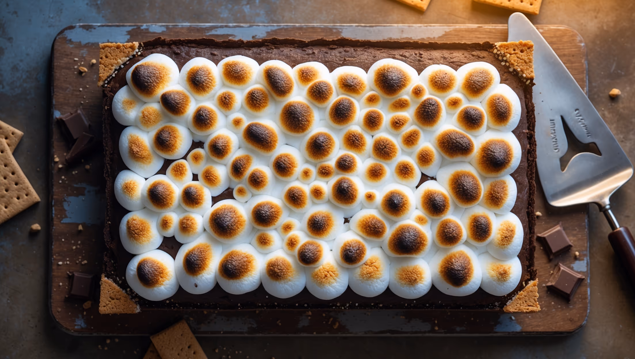 Overhead shot of a rectangular chocolate sheet cake with a gloriously toasted marshmallow topping, its peaks and valleys bronzed to golden perfection. The cross-section reveals a moist chocolate cake layer resting on a graham cracker crust, while the surface showcases the artistic char marks from a kitchen torch. Scattered graham cracker pieces and chocolate chunks decorate the corners, enhancing the rustic s'mores aesthetic. Captured in warm, golden-hour lighting on a weathered wooden serving board with a vintage cake server positioned to the side, ready to cut through the fluffy marshmallow layer and into the rich chocolate cake beneath.