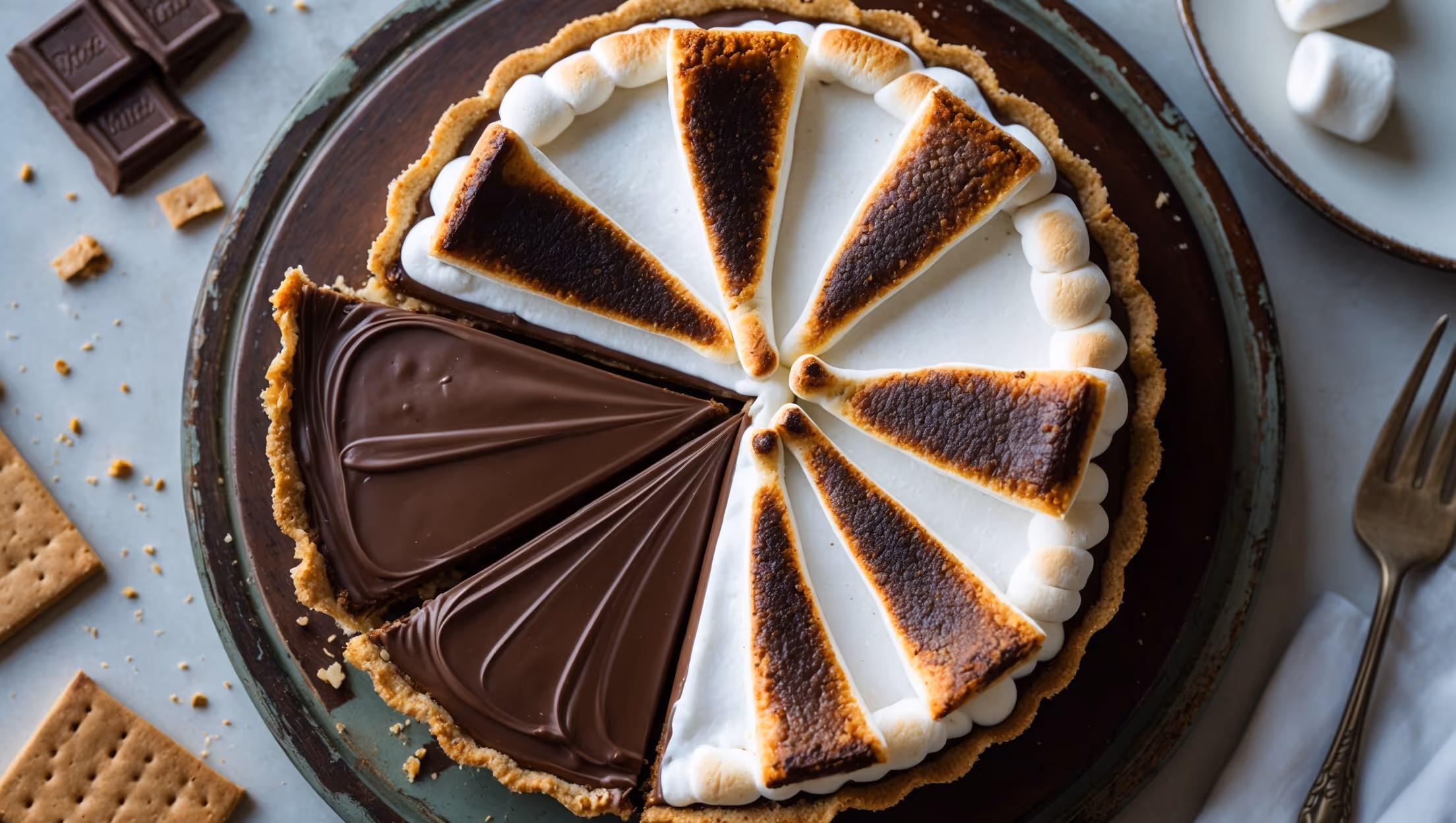 Overhead shot of a perfectly sliced S'mores Cream Pie on a weathered wooden cake stand, showcasing its distinct three layers—the golden graham cracker crust, dark chocolate ganache center, and pillowy toasted marshmallow topping with caramelized peaks. Soft natural light highlights the contrasting textures while casting gentle shadows that emphasize the pie's depth. Scattered graham cracker crumbs and chocolate squares surround the pie, with a vintage dessert fork resting beside a slice revealing the chocolate layer's glossy finish against the rustic crust. The toasted marshmallow peaks capture warm amber tones against the creamy white base, evoking the feeling of fireside treats.