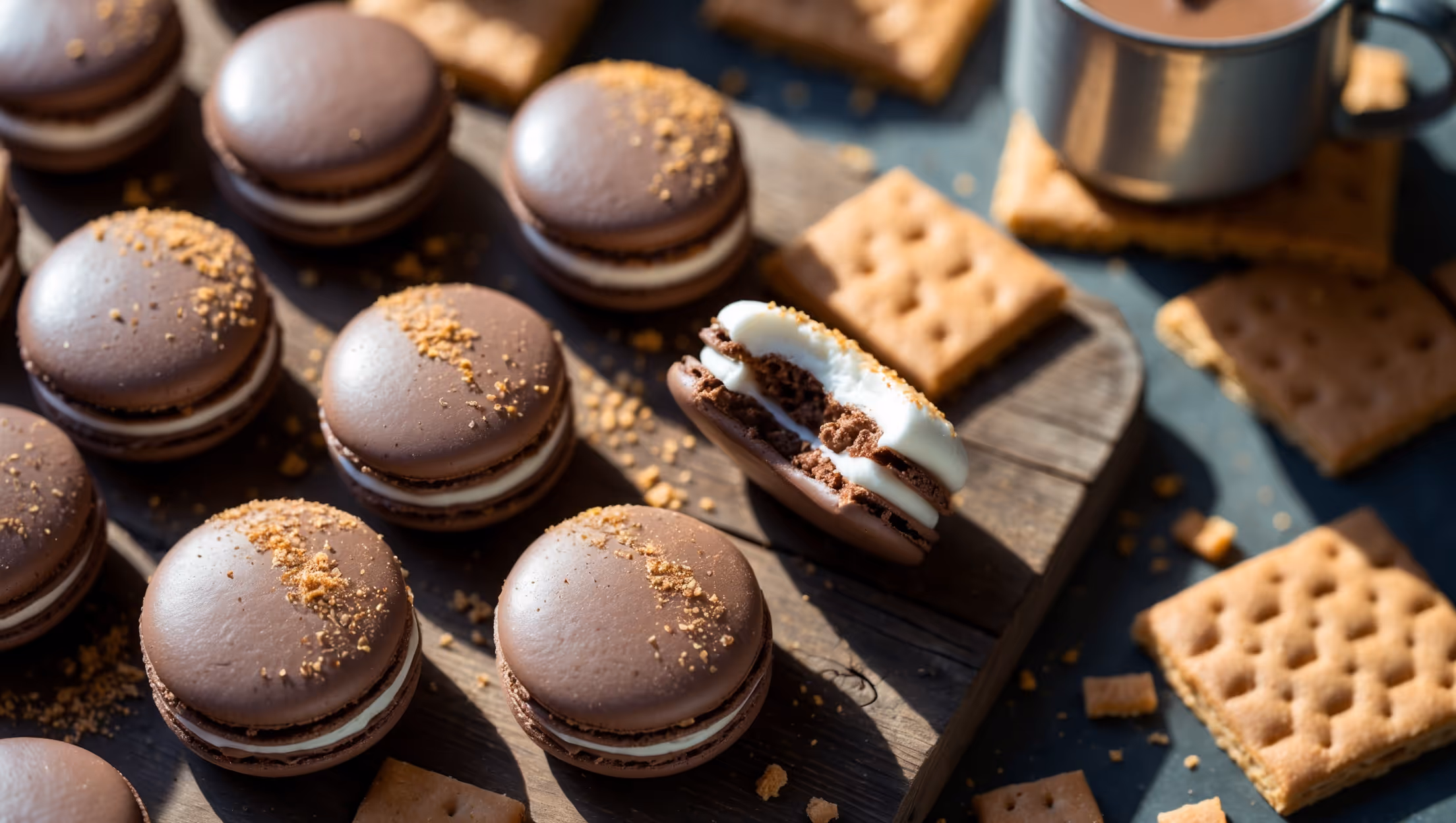 An overhead shot of perfectly formed chocolate macarons with their signature "feet" arranged on a rustic wooden board, their glossy tops subtly dusted with graham cracker crumbs. A close-up captures one macaron broken in half, revealing the pillowy marshmallow filling oozing slightly at the edges. The styling includes scattered graham cracker pieces, a few mini chocolate squares, and a vintage tin mug in soft focus containing hot chocolate. The warm, natural light creates shadows that emphasize the macaron shells' smooth texture, while highlighting the contrasting layers of dark chocolate, white marshmallow cream, and golden graham cracker elements.