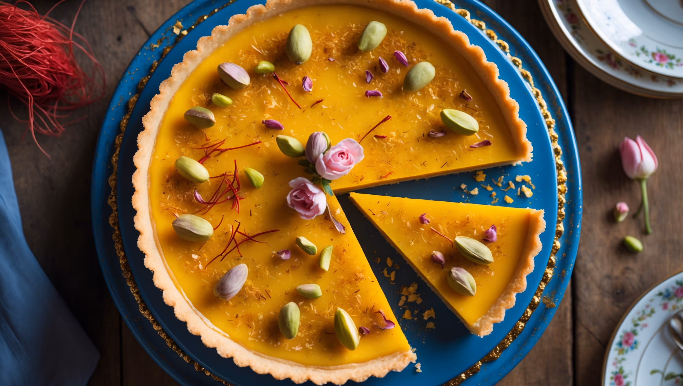 An overhead shot of the vibrant golden-yellow Saffron Tart served on a vintage blue ceramic cake stand, with the cross-section revealing its perfectly crisp shortcrust base and smooth, saffron-flecked custard filling. Soft natural light highlights the caramelized surface while casting gentle shadows across decorative fresh pistachios and edible gold leaf garnishes. A small bundle of saffron threads and a scattered rose petals rest beside a perfectly sliced wedge, emphasizing the Middle Eastern inspiration behind this delicate dessert. The scene is completed with a rustic wooden table and a fine china teacup, suggesting an elegant afternoon tea setting.