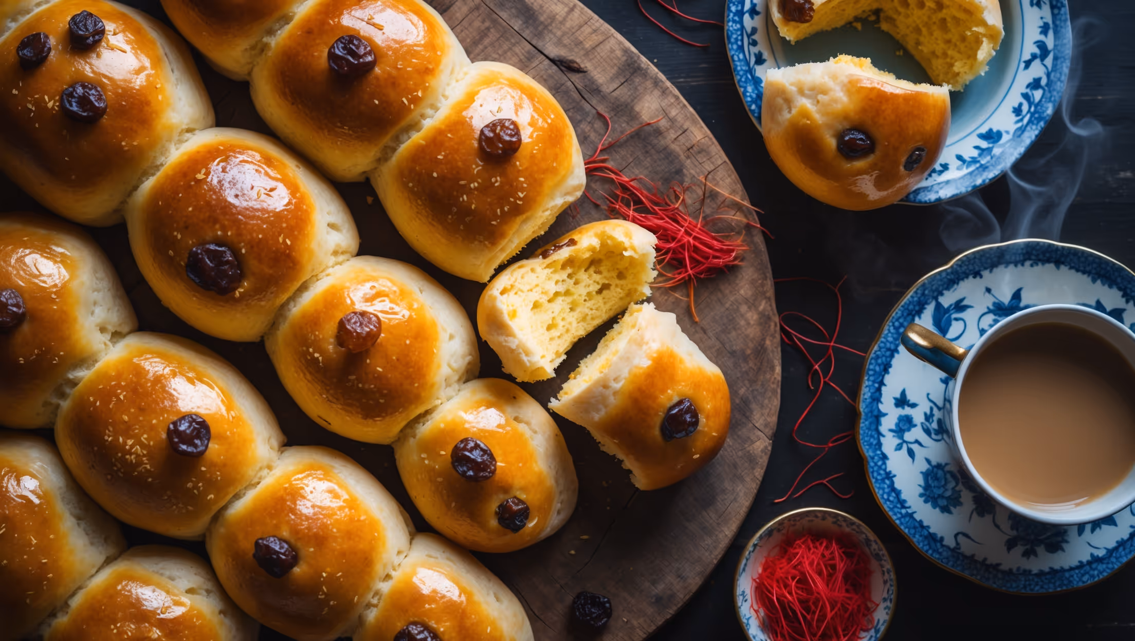 Overhead shot of freshly baked saffron buns arranged on a rustic wooden board, their distinctive S-shape showcasing a golden-yellow crumb beneath a glossy egg-washed exterior. Soft natural light highlights the plump raisins studded throughout and the pearl sugar sprinkled on top that glistens against the warm yellow hue. A vintage blue and white ceramic plate holds a single bun broken open to reveal its soft, aromatic interior, while a small bowl of saffron threads and a steaming cup of coffee sit alongside, creating a cozy Swedish fika setting.