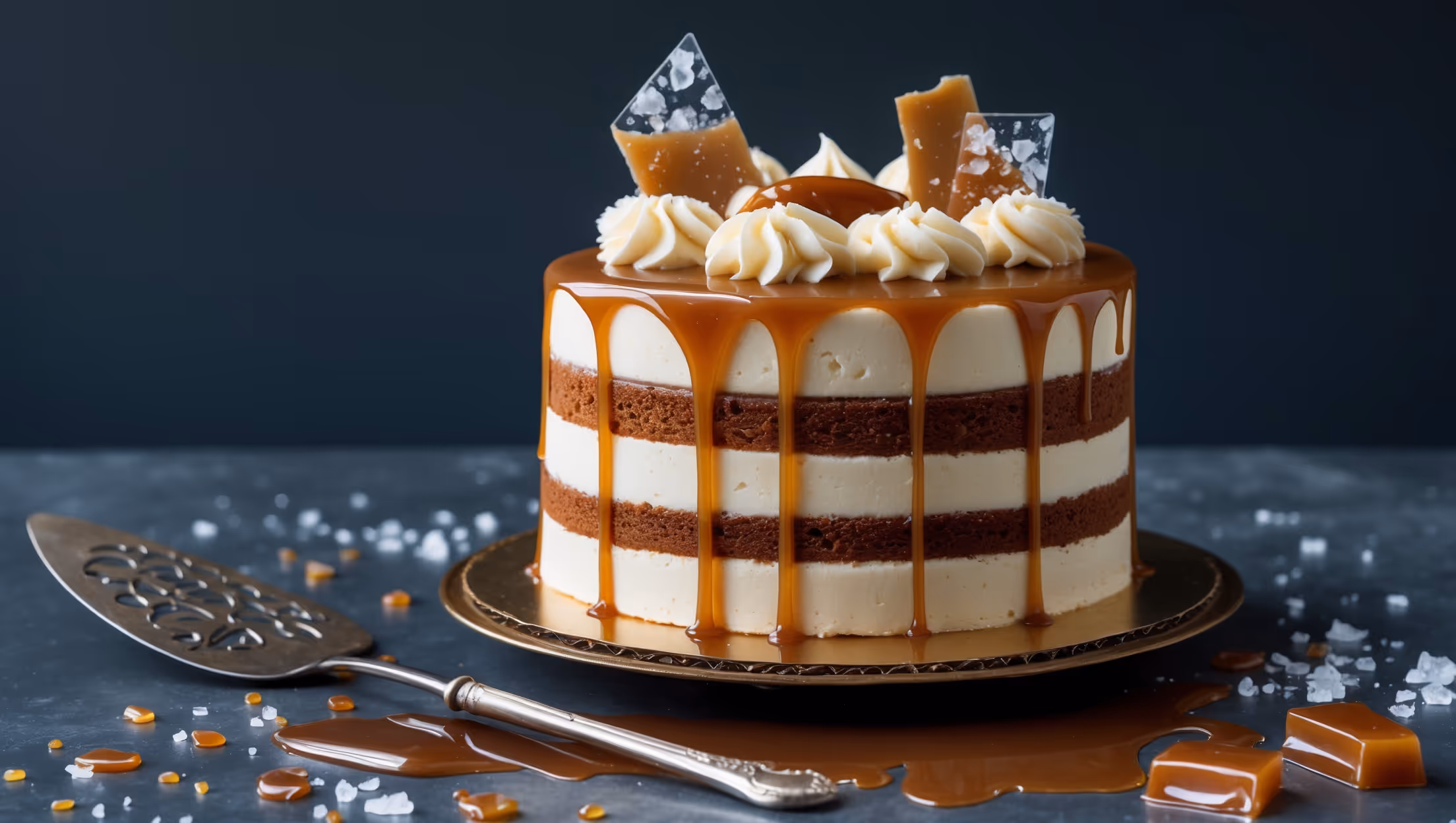 An elegant three-layer cake photographed in soft natural light against a dark navy backdrop that makes the golden caramel tones pop dramatically. The cross-section view reveals moist vanilla cake layers separated by caramel buttercream, with caramel sauce dripping artfully down the sides. The top is adorned with a glossy caramel pool that catches the light, garnished with flaky sea salt crystals and decorative caramel shards. A vintage silver cake server rests nearby on an antique cake stand, with scattered sea salt flakes and caramel drizzle creating beautiful texture contrast across the composition.