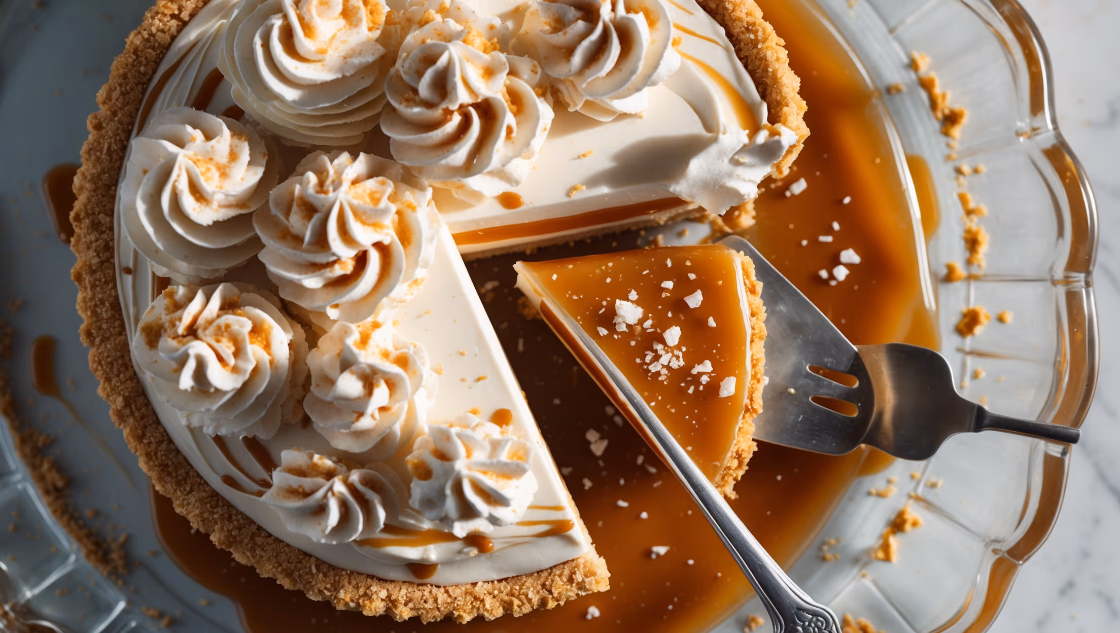 An overhead shot of a perfectly sliced Salted Caramel Cream Pie on a vintage milk-glass cake stand, capturing the distinct layers of golden caramel and cloud-like cream against the amber graham cracker crust. Soft natural light streams across the surface, highlighting the delicate swirls of whipped cream topping, sprinkled with flaky sea salt crystals and drizzled with extra caramel sauce that elegantly cascades down the sides. A silver dessert fork rests alongside, with a partial slice revealing the luscious, slow-moving caramel layer beneath the pillowy cream filling. Scattered caramel pieces and graham cracker crumbs create an artful border around the presentation.