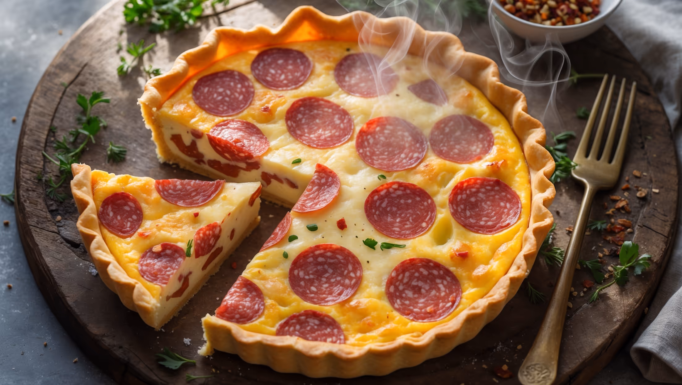 An overhead shot of the golden-brown Salami and Provolone Quiche, showcasing its perfectly flaky crust with crimped edges. A slice has been removed, revealing the quiche's interior with colorful layers of red salami pieces and melted provolone suspended in a custard that's set but still slightly jiggly. Soft natural light streams in from the side, highlighting the puffy, slightly caramelized top. The quiche rests on a weathered wooden serving board with fresh herbs scattered around, a small bowl of red pepper flakes nearby, and a vintage brass fork placed alongside. Steam gently rises from the freshly cut piece, emphasizing its warmth and inviting nature.