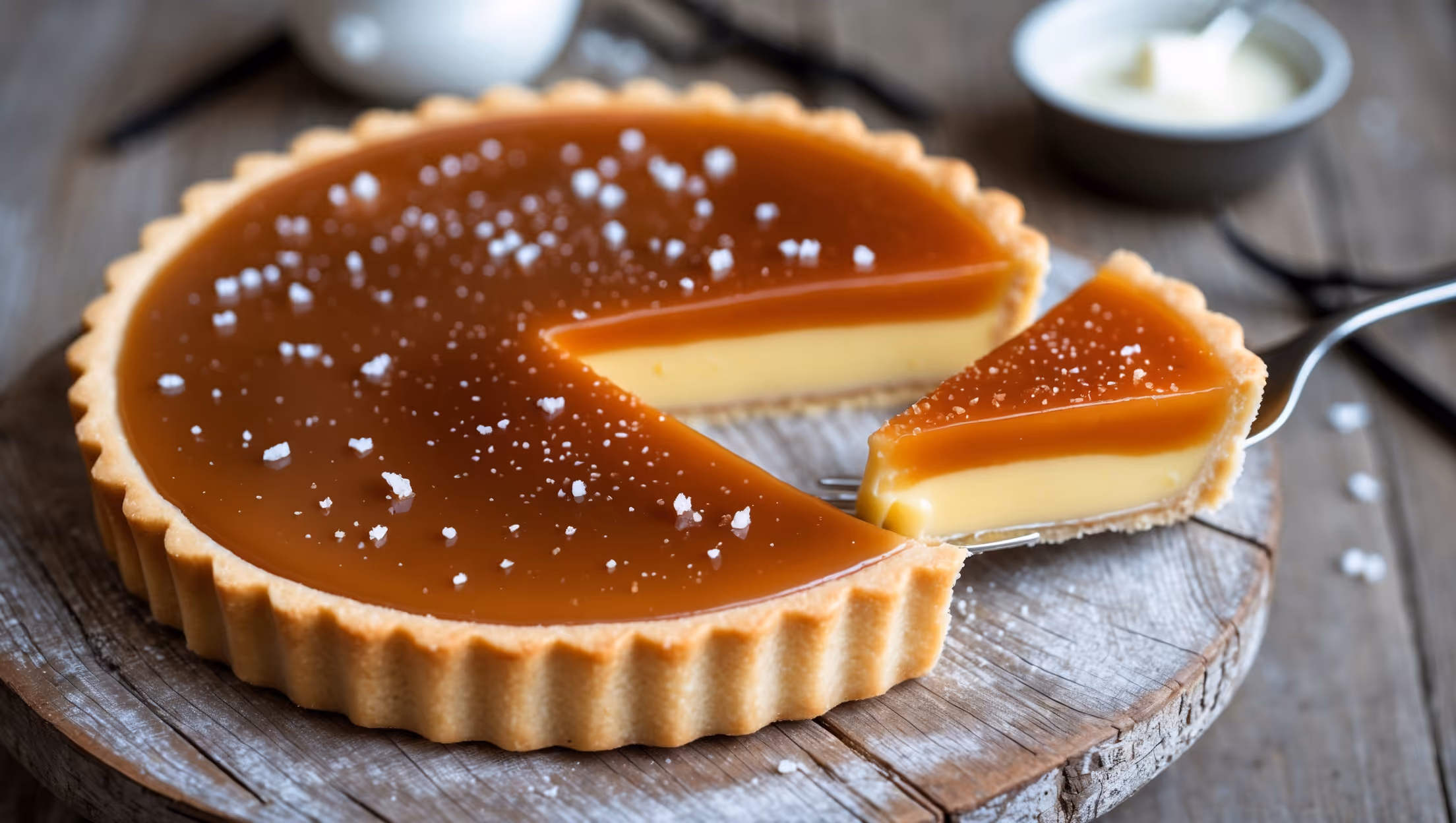 An overhead shot of a perfectly sliced salted caramel custard tart on a weathered wooden cake stand, capturing the distinct layers of golden-brown pastry, pale yellow custard and amber caramel top layer. Shot in soft natural daylight highlighting the glossy sheen of the caramel as it catches the light. A light dusting of flaky sea salt crystals sparkles atop the smooth caramel surface. In the background, a small ceramic jug of cream and scattered vanilla pods add context, while a fork lifts a bite-sized piece revealing the three perfect layers and the silky custard texture.