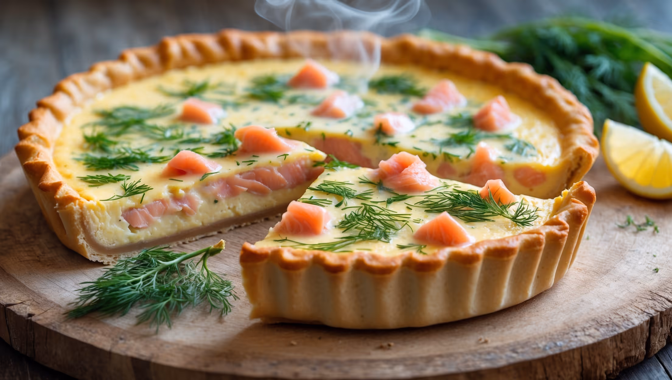 A golden-brown Salmon and Dill Quiche photographed in cross-section, revealing the creamy, pale yellow custard studded with vibrant pink chunks of salmon and bright flecks of fresh dill. A slice has been cut, showing the perfectly crisp, flaky pastry holding together a moist filling. Shot in soft natural light on a rustic wooden board, with a small bunch of fresh dill and lemon wedges artfully arranged alongside. Delicate wisps of steam still rise from the warm filling, highlighting the just-baked freshness, while the contrasting textures of the crumbly pastry edge and silky center create visual interest.