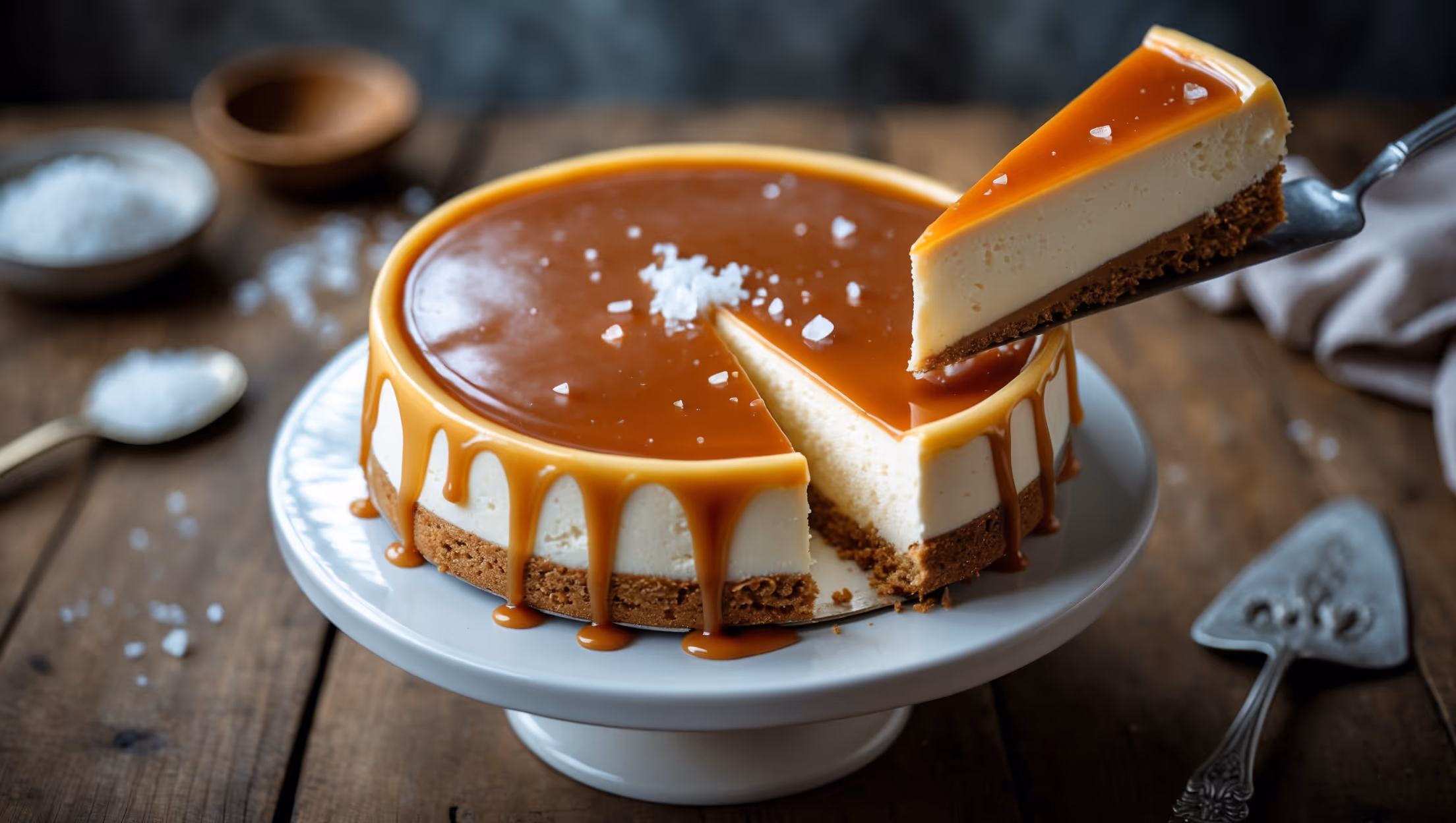 An overhead shot of a perfectly set Salted Caramel Cheesecake on a white ceramic cake stand, with a slice being removed to reveal the creamy interior. Soft natural light streams across the scene, highlighting the glossy caramel topping as it elegantly drips down the sides. The golden-brown graham cracker crust provides a beautiful contrast to the pale cream cheese filling, while flakes of sea salt catch the light atop the caramel layer. In the background, blurred elements of a rustic wooden table, a small bowl of flaky sea salt, and a vintage silver cake server create depth and context, emphasizing the homemade elegance of this indulgent dessert.