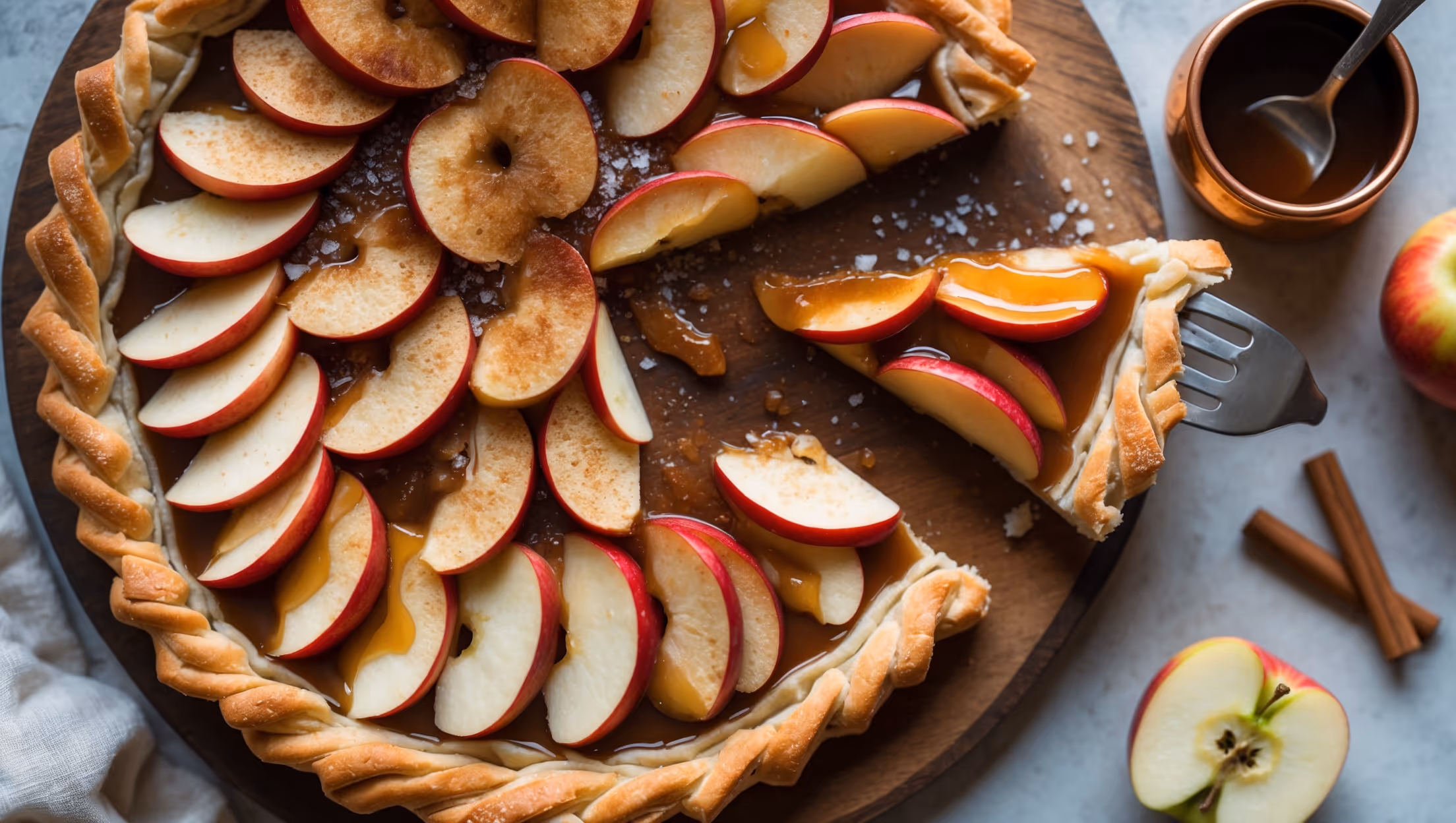 An overhead shot of the Salted Caramel Apple Tart reveals a golden-brown lattice crust with glistening caramel pooling between meticulously arranged apple slices. A cross-section view shows distinct layers of crisp pastry, soft cinnamon-scented apples, and amber caramel. Soft natural light catches the sparkle of flaky sea salt crystals scattered across the top. The tart sits on a rustic wooden serving board, accompanied by a small copper pot of extra caramel sauce and scattered fresh apple slices and cinnamon sticks. A fork cuts through the tart, revealing the perfect marriage of caramelized apples and buttery pastry beneath.