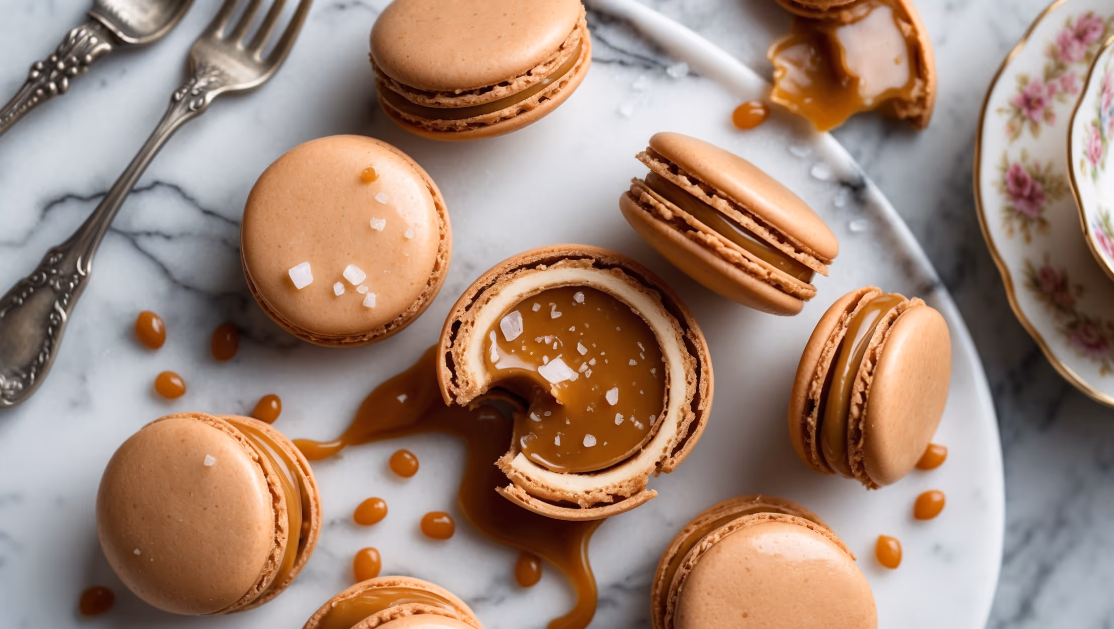 An overhead shot of perfectly formed salted caramel macarons arranged in a spiral pattern on a white marble surface. The shells display an immaculate caramel color with smooth, glossy tops and perfect "feet" at their bases. A cross-section view reveals the chewy interior texture contrasting with the crisp exterior and the golden, thick caramel filling oozing slightly from one broken macaron. In soft natural lighting, fine flakes of sea salt glisten atop the filling, while scattered whole almonds and caramel drizzles decorate the composition. A vintage silver cake fork rests nearby, alongside a delicate porcelain teacup, suggesting these elegant treats are ready to be enjoyed.