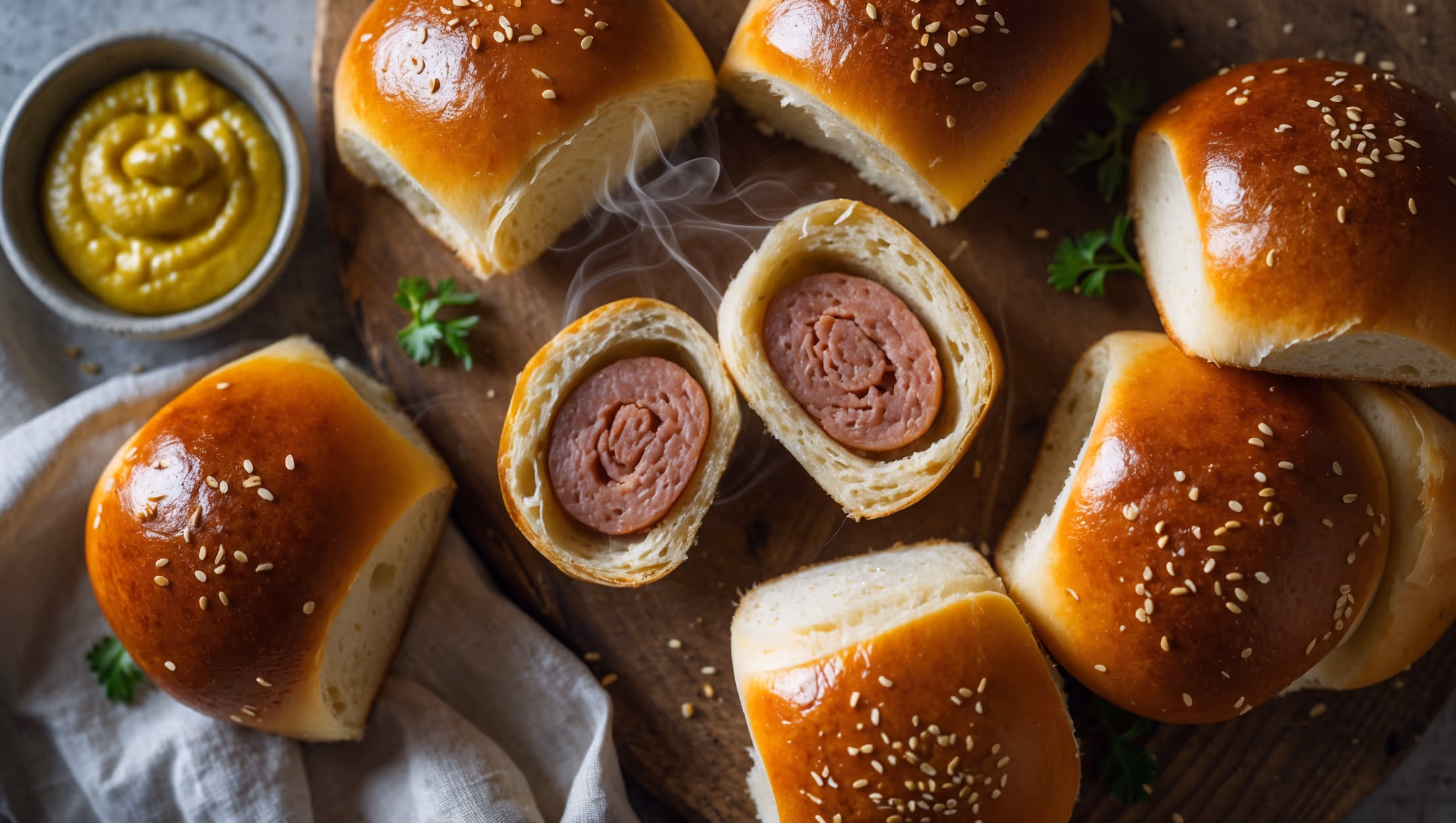 Overhead shot of golden-brown sausage bread rolls arranged on a rustic wooden board, with one roll sliced in half to reveal the juicy sausage inside surrounded by fluffy bread. Soft natural light highlights the glossy egg-washed exterior with visible sesame seeds scattered across the tops. A small ramekin of whole grain mustard sits nearby alongside scattered fresh herbs. Steam rises gently from a freshly broken roll, showcasing the perfect marriage between the meat and bread while emphasizing the contrast between the crusty exterior and the soft, airy interior.