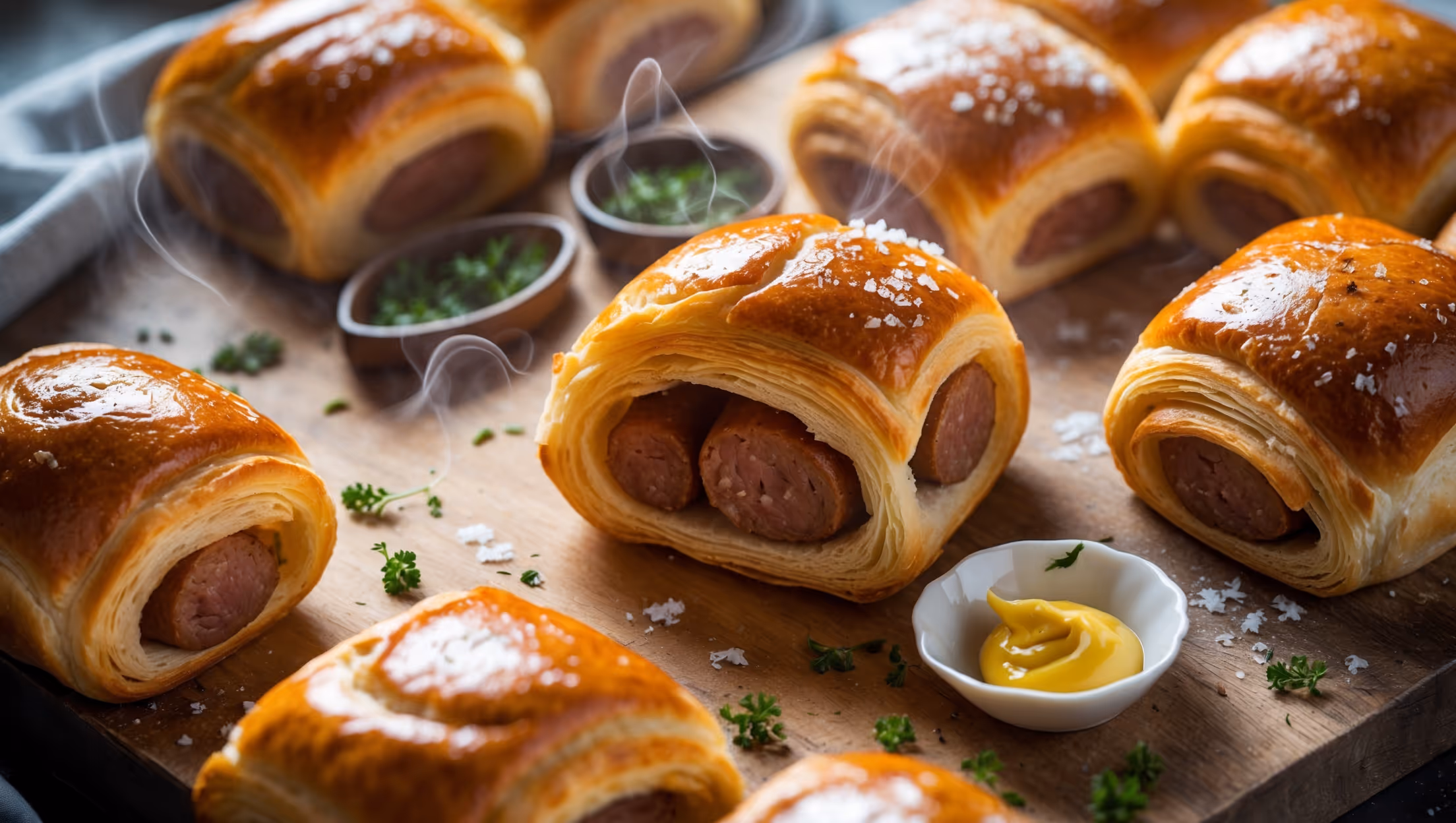 An overhead shot of golden-brown sausage rolls arranged on a rustic wooden board, with one roll sliced in half to reveal the perfectly cooked, juicy sausage filling. The pastry glistens under soft natural light, highlighting its flaky layers and the egg-washed sheen. Scattered herbs and a small dish of tangy mustard sit nearby, while a few flakes of sea salt catch the light on top of the rolls. Steam gently rises from the freshly baked pastry, emphasizing their straight-from-the-oven appeal.