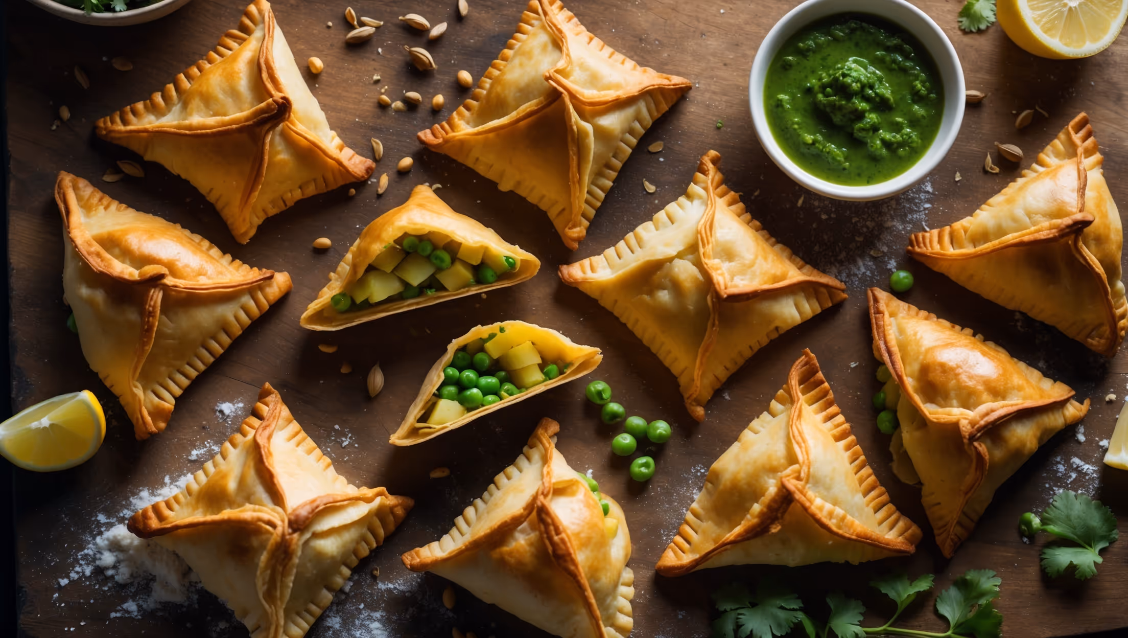 An overhead shot captures a rustic wooden board displaying golden-brown samosa-style hand pies arranged in an artful pattern. Several pies are cut open to reveal their vibrant yellow-green potato and pea filling, releasing a visible wisp of steam. The lighting is warm and natural, casting subtle shadows that emphasize the flaky layers of the pastry. A small bowl of bright green cilantro chutney sits in the corner, while scattered whole cumin seeds, coriander leaves, and a halved lemon provide context and color contrast. A light dusting of flour on the board hints at the homemade nature of these hand pies, while the varying golden hues of the perfectly baked crusts showcase their ideal crispness.