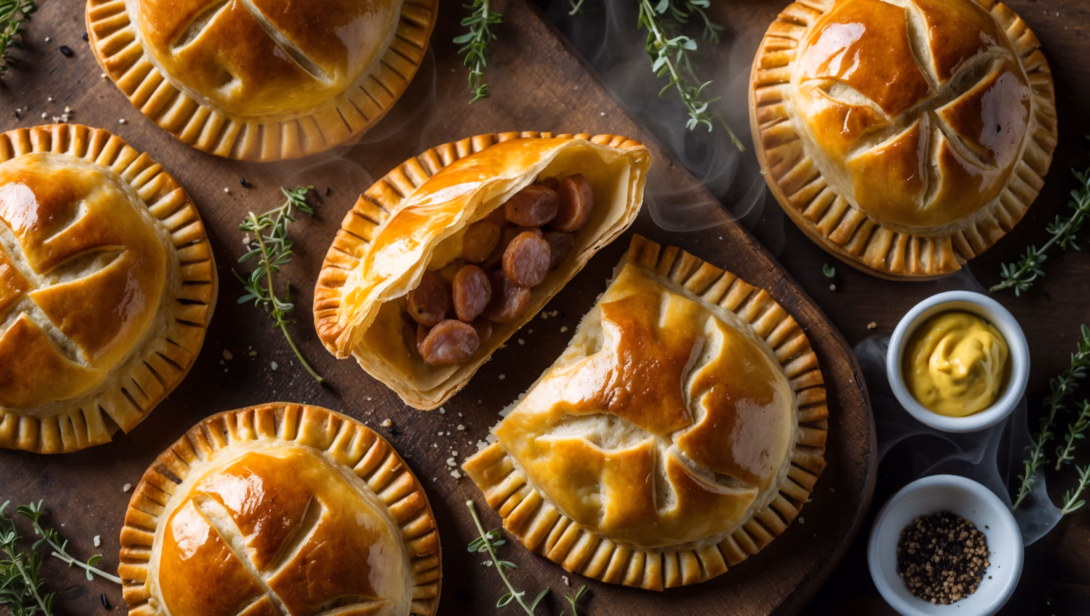 An overhead shot of golden-brown hand pies arranged on a rustic wooden board, with one pie broken in half to reveal the succulent sausage filling inside. Soft natural lighting highlights the flaky, layered pastry with visible butter pockets and a glistening egg-washed exterior. A scattered arrangement of fresh thyme sprigs, cracked black pepper, and a small ramekin of whole-grain mustard for dipping completes the composition. Steam visibly rises from the freshly-baked pies, emphasizing their warmth and inviting aroma.