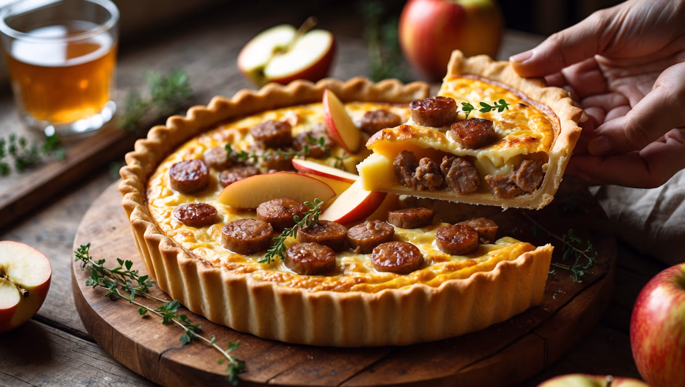 An overhead shot of a golden-brown Sausage and Apple Quiche with a slice being lifted to reveal the perfectly set custard interior. Soft natural light streams from a nearby window, highlighting the caramelized apple pieces and savory sausage chunks nestled within the creamy filling. The quiche rests on a rustic wooden serving board, garnished with fresh thyme sprigs and a few apple slices. A cross-section view shows the flaky, buttery pastry crust contrasting beautifully with the moist filling. In the background, a glass of apple cider and scattered fresh ingredients create context, while the warm golden and amber tones of the dish evoke autumn comfort.