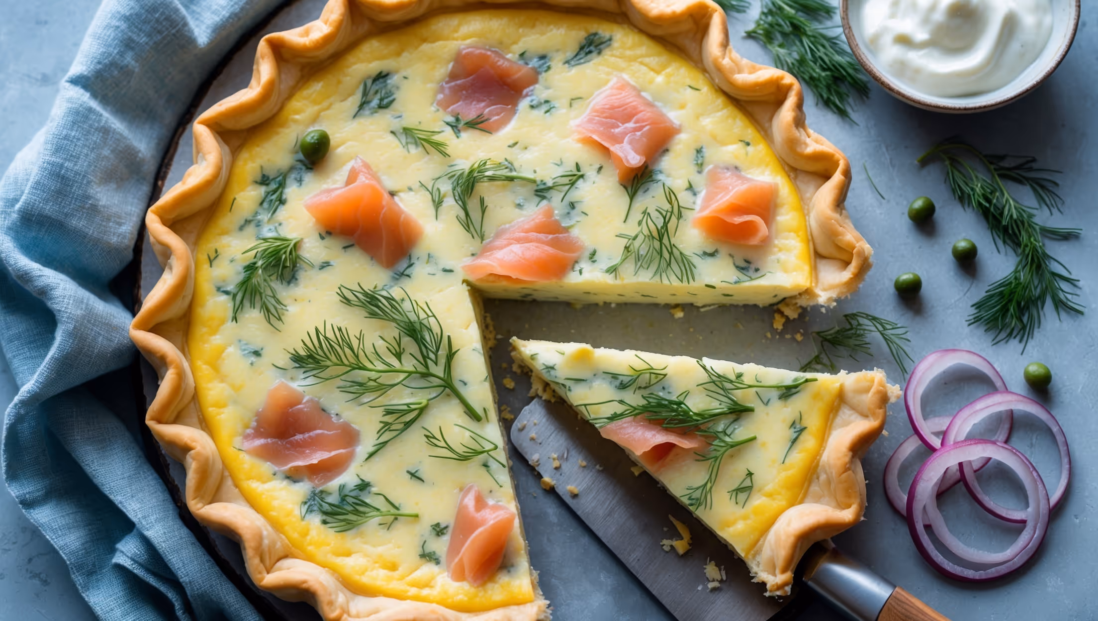 An overhead shot of a golden-brown quiche with a perfectly crimped pastry edge, showcasing the pale yellow filling studded with flecks of vibrant green dill and pieces of pink smoked salmon. The quiche is photographed in soft natural light against a rustic blue linen, with a small bowl of crème fraîche and a sprig of fresh dill alongside. A knife has cut a wedge revealing the quiche's moist, custardy interior, while small capers and thinly sliced red onions are scattered artfully around the serving board, emphasizing the Nordic flavor profile.