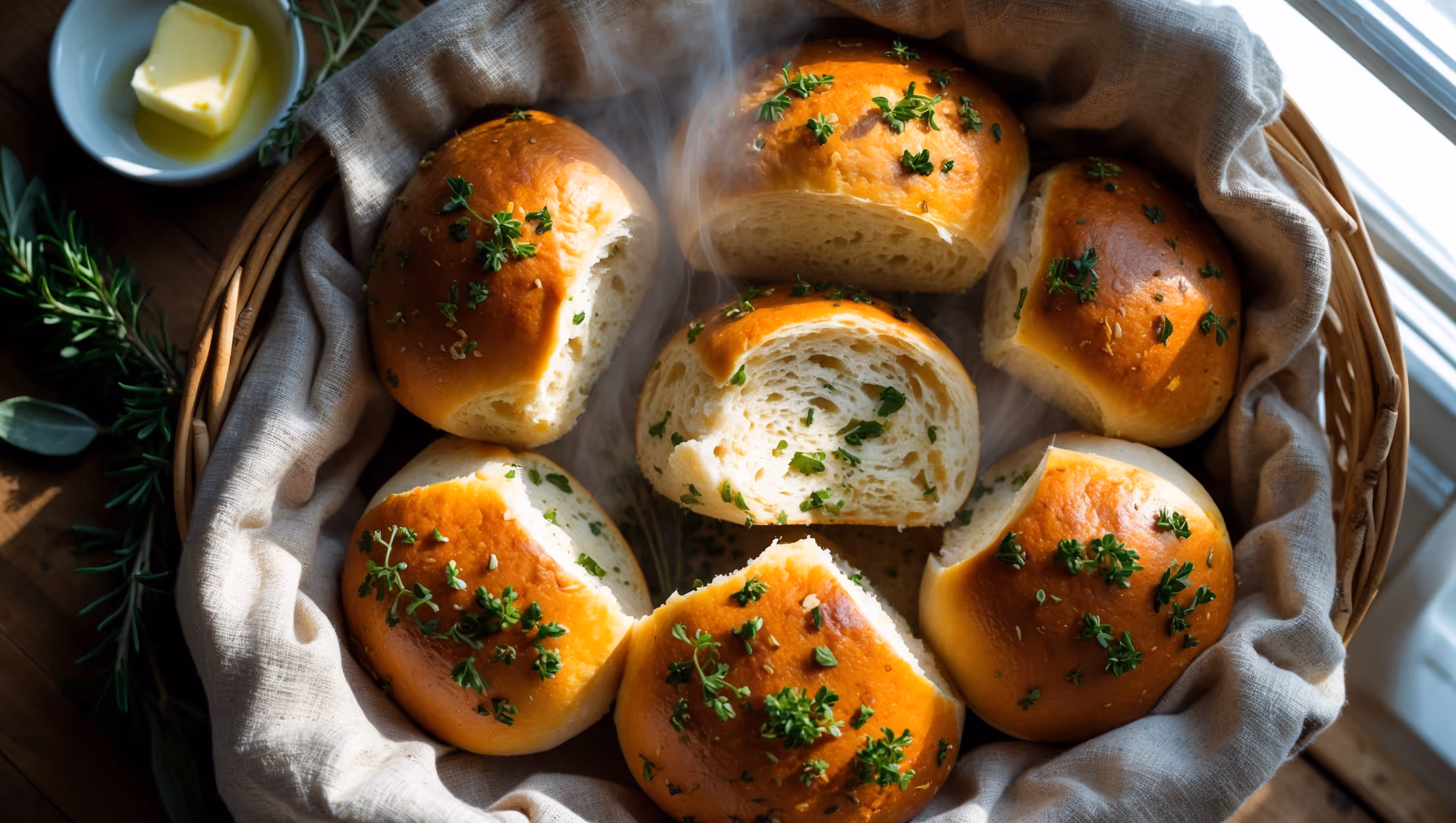 Overhead shot of golden-brown herb rolls arranged in a rustic bread basket lined with a natural linen cloth. A cross-section view reveals the soft, tender crumb speckled with vibrant green herbs. The rolls are photographed in soft natural light streaming through a kitchen window, creating subtle shadows that highlight their textured tops. A small dish of melting butter and scattered fresh rosemary, thyme and sage surround the basket, while steam visibly rises from a freshly broken roll, suggesting warmth. The wooden table beneath adds rustic charm, complementing the homemade nature of these savory treats.