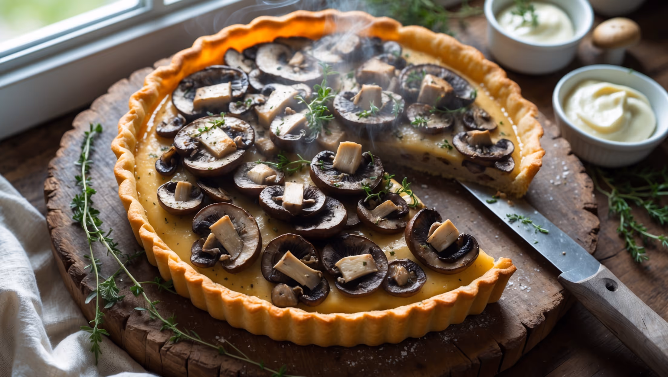 An overhead shot of the rustic mushroom tart resting on a weathered wooden serving board, its edges perfectly crimped and golden brown under soft natural light streaming through a kitchen window. The filling showcases a mosaic of caramelized mushrooms in varying shades of brown and beige, their glazed surfaces glistening with hints of herbs and speckles of black pepper. Steam rises gently from a freshly cut wedge, revealing the custard's silky texture flecked with fresh thyme and surrounded by the tart's flaky, buttery crust. Scattered around the board are sprigs of fresh herbs, a small ramekin of crème fraîche, and a few wild mushrooms, emphasizing the tart's rustic, earthy appeal.