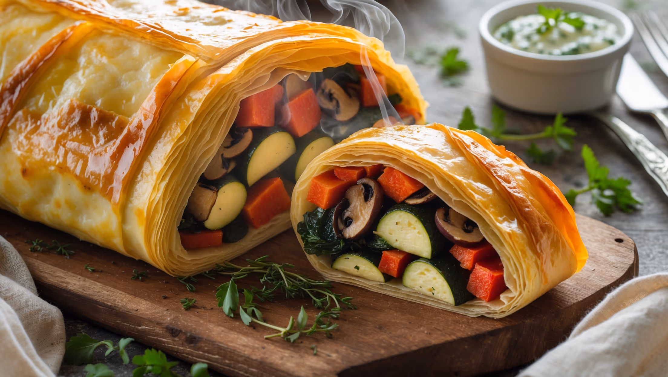 An overhead shot of the Savory Vegetable Strudel showcases its golden-brown flaky exterior with visible layers of pastry that shimmer under soft natural light. A cross-section reveals the vibrant filling of colorful roasted vegetables—red bell peppers, zucchini, mushrooms, and spinach nestled among melted cheese. Steam gently rises from the freshly sliced portion, placed on a rustic wooden serving board. Fresh herbs are scattered around the board, with a small ramekin of creamy herb sauce on the side. The background features linen napkins and vintage cutlery, emphasizing the homemade, comforting nature of this savory bake.
